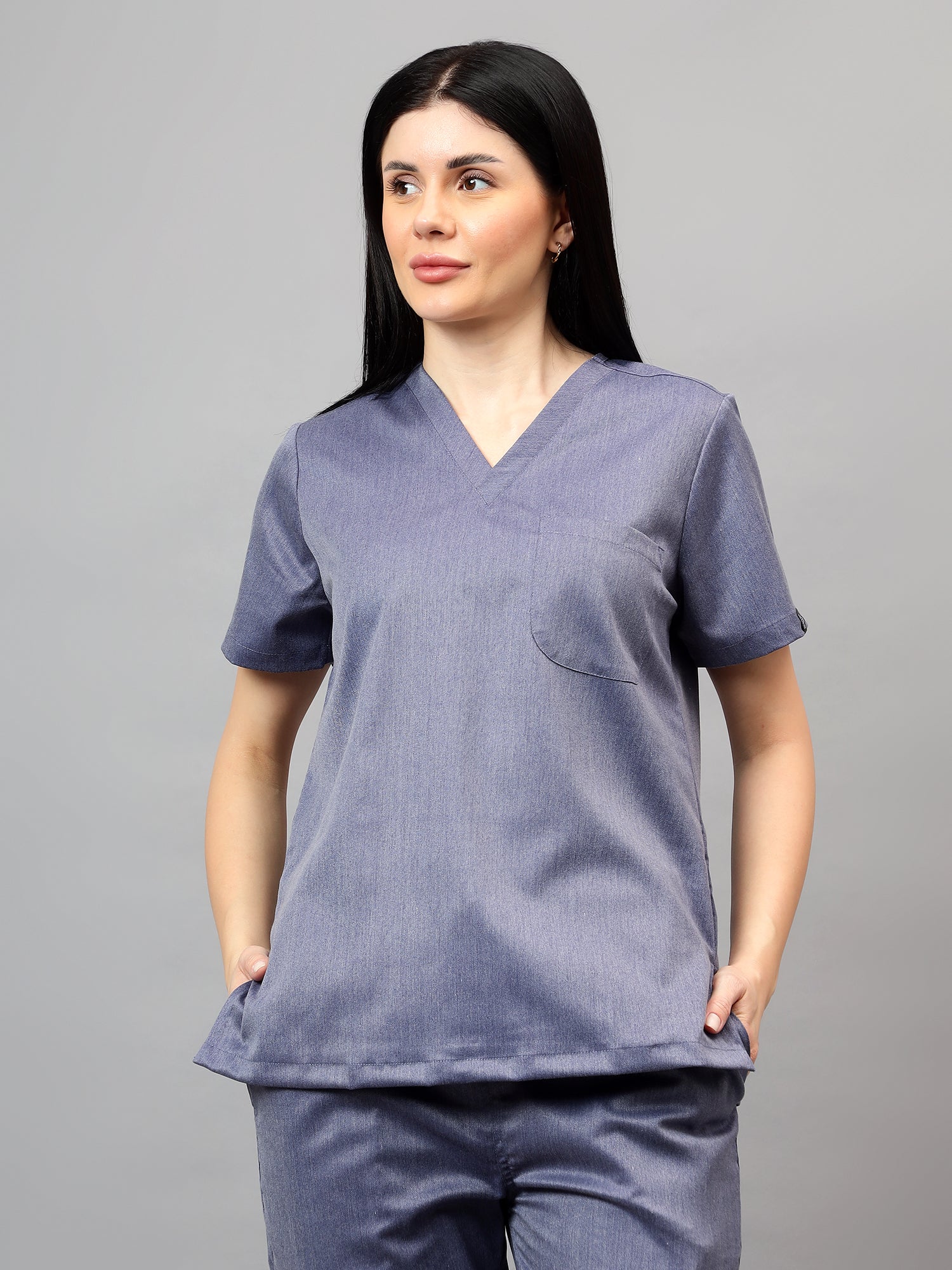 Stretchable (2Way) Women Denim Blue Texture V-Neck Scrub Top - Image 2