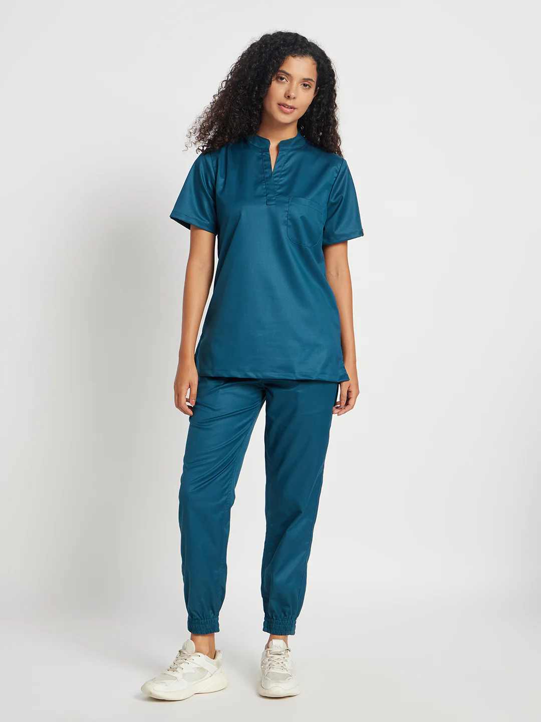 Stretchable (2Way) Women Forest Green Mandarin Neck With Jogger Scrub Set - Image 3