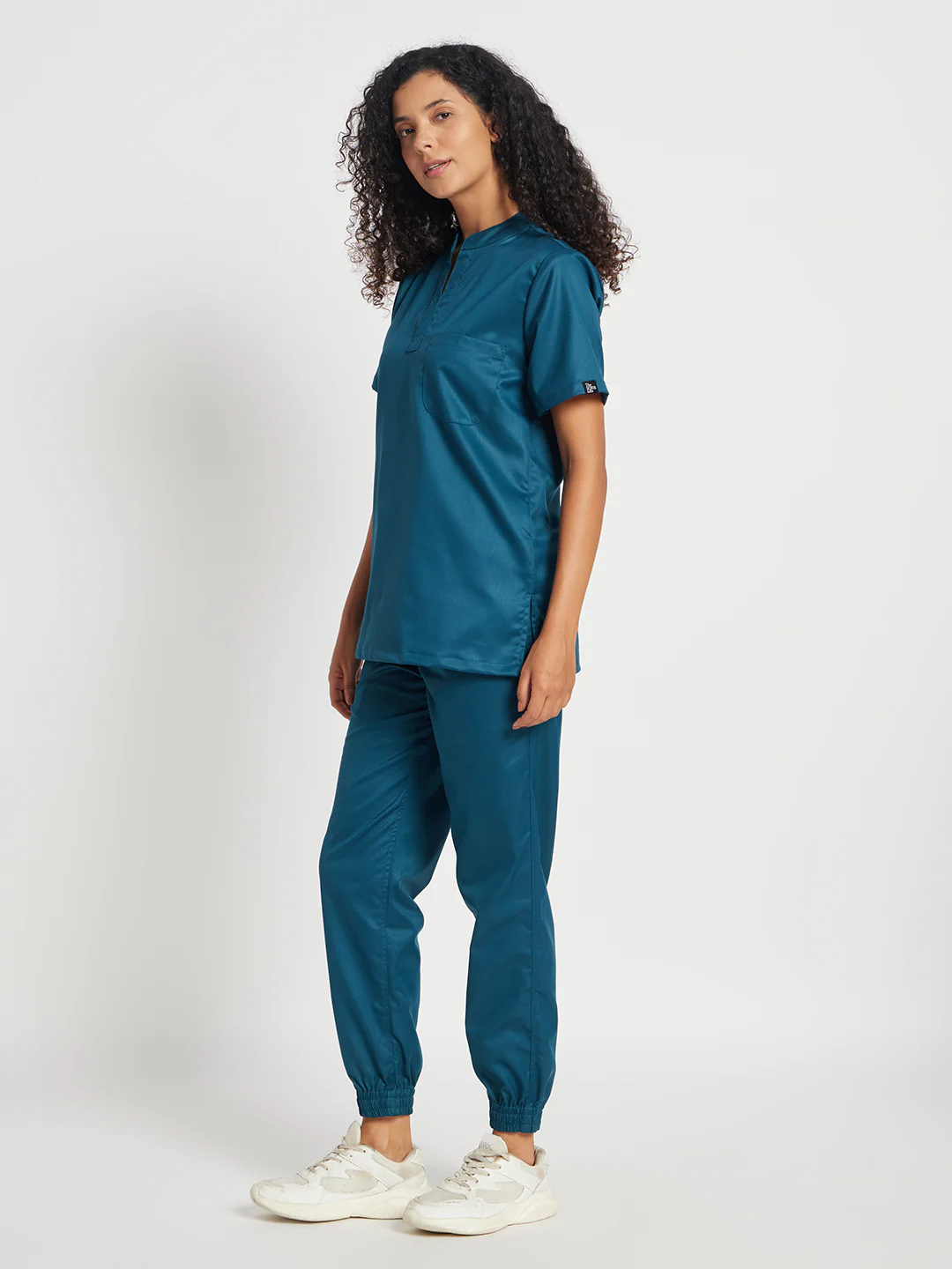 Stretchable (2Way) Women Forest Green Mandarin Neck With Jogger Scrub Set - Image 4