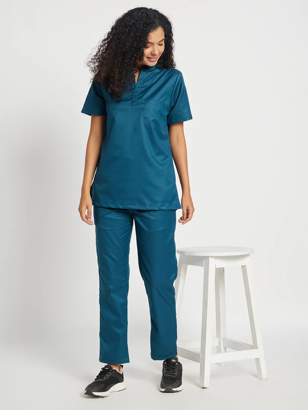 Stretchable (2Way) Women Forest Green Mandarin With Straight Pant Scrub Set - Image 2
