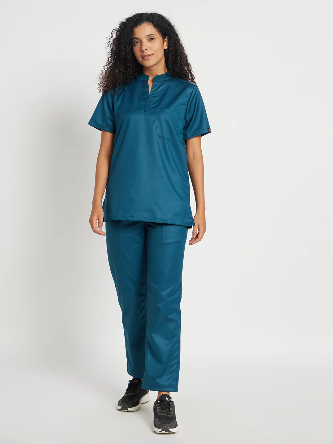 Stretchable (2Way) Women Forest Green Mandarin With Straight Pant Scrub Set - Image 4