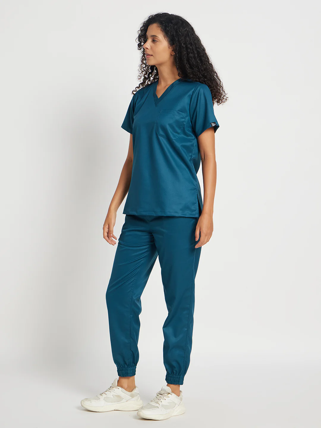Stretchable (2Way) Women Forest Green V-Neck With Jogger Scrub Set - Image 3