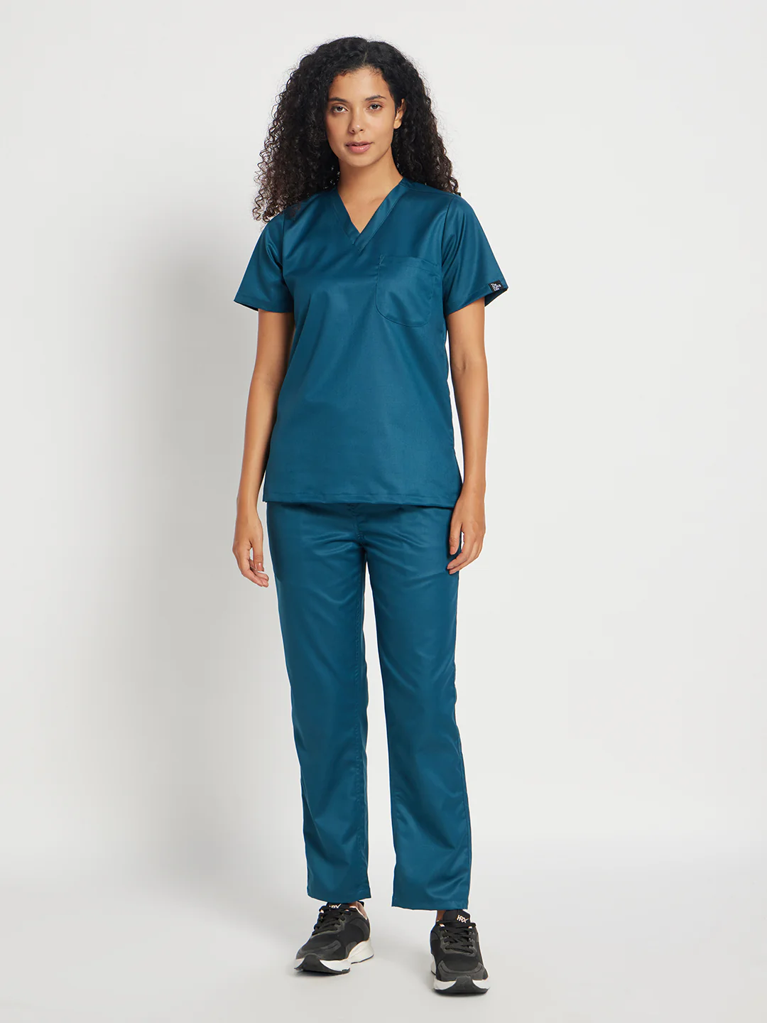 Stretchable (2Way) Women Forest Green V-Neck With Straight Pant Scrub Set - Image 3
