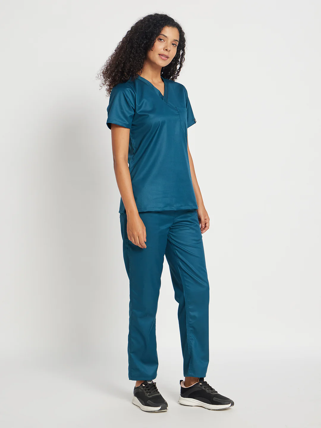 Stretchable (2Way) Women Forest Green V-Neck With Straight Pant Scrub Set - Image 4