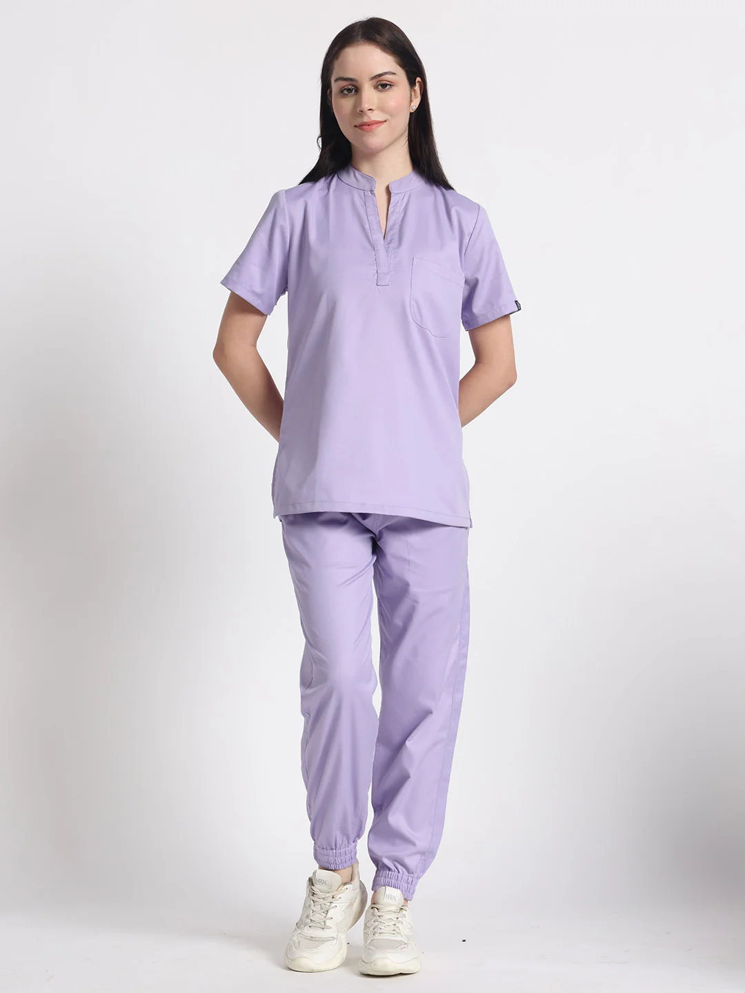 Stretchable (2Way) Women Lavender Mandarin Neck With Jogger Scrub Set