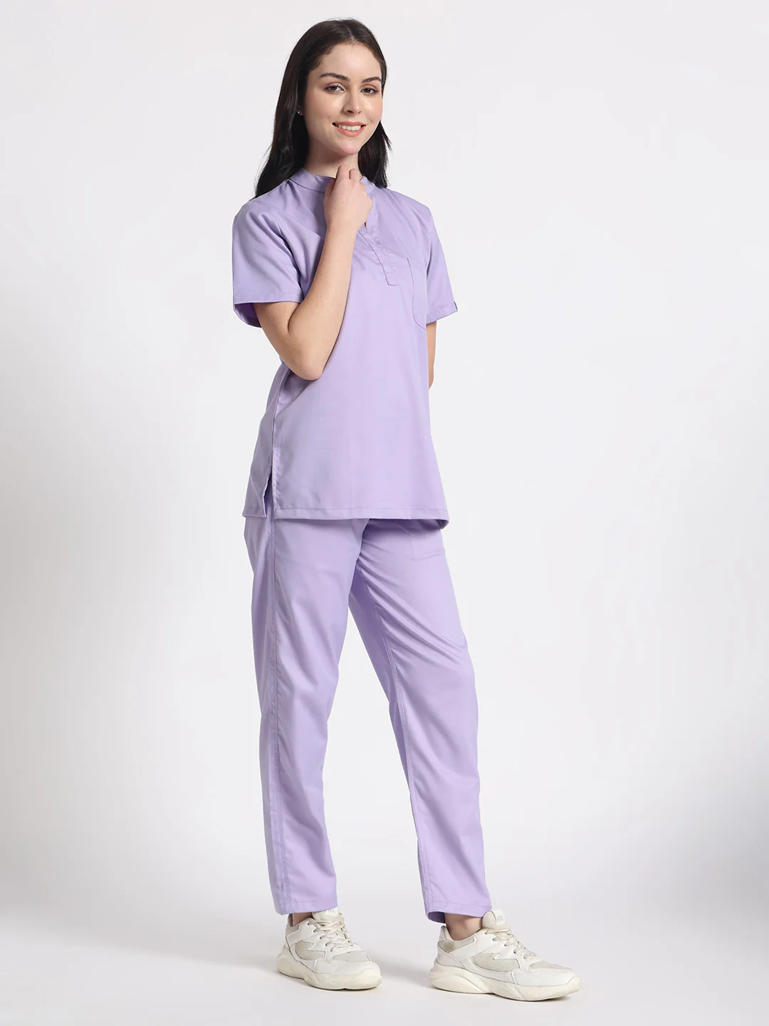 Stretchable (2Way) Women Lavender Mandarin Neck With Straight Pant Scrub Set - Image 2