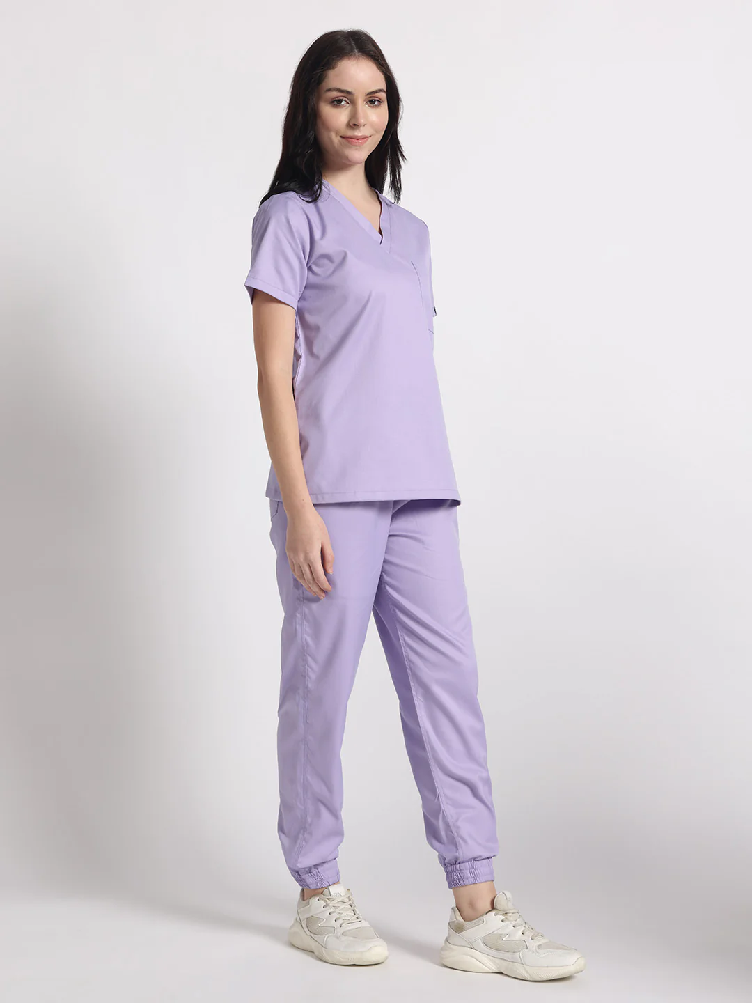 Stretchable (2Way) Women Lavender V-Neck With Jogger Scrub Set - Image 2