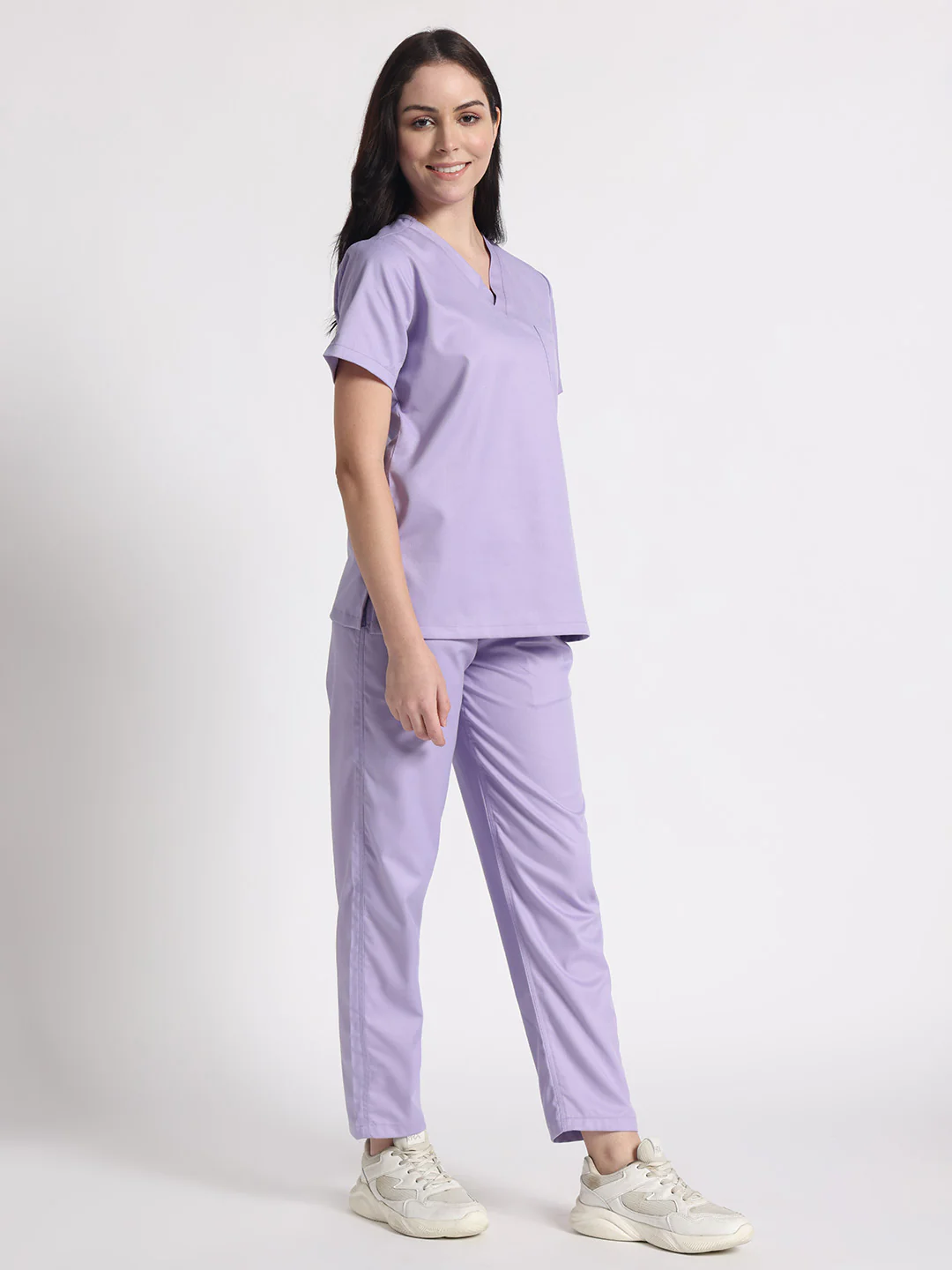 Stretchable (2Way) Women Lavender V-Neck With Straight Pant Scrub Set - Image 2