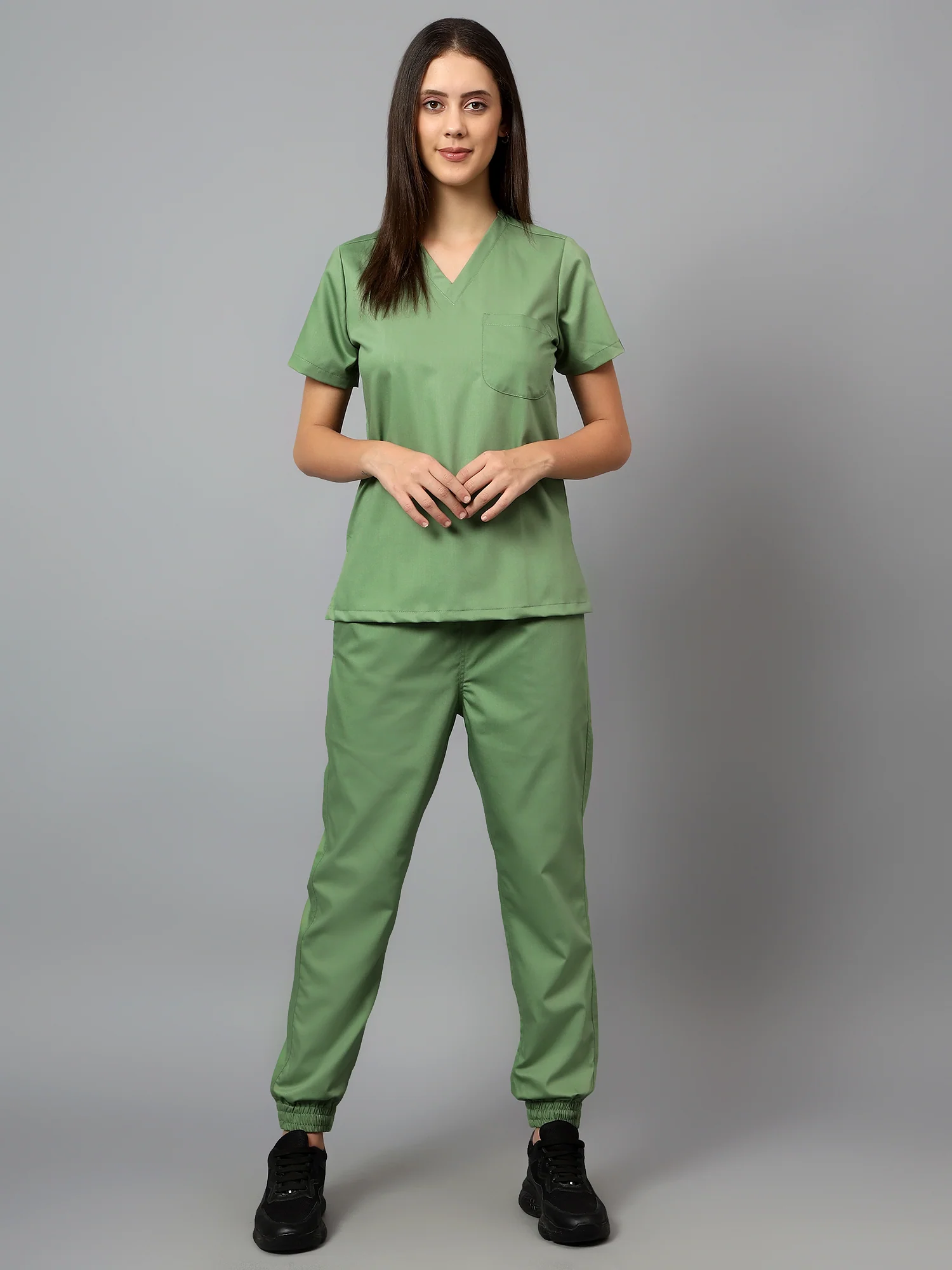 Stretchable (2Way) Women Pista Green V-Neck With Jogger Scrub Set