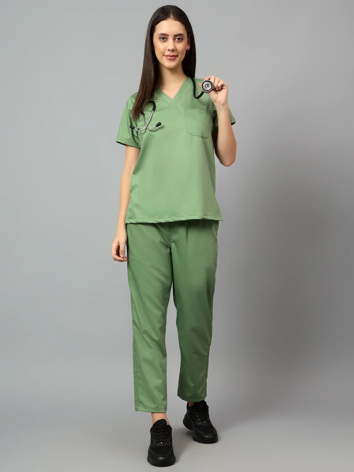 Stretchable (2Way) Women Pista Green V-Neck With Straight Pant Scrub Set