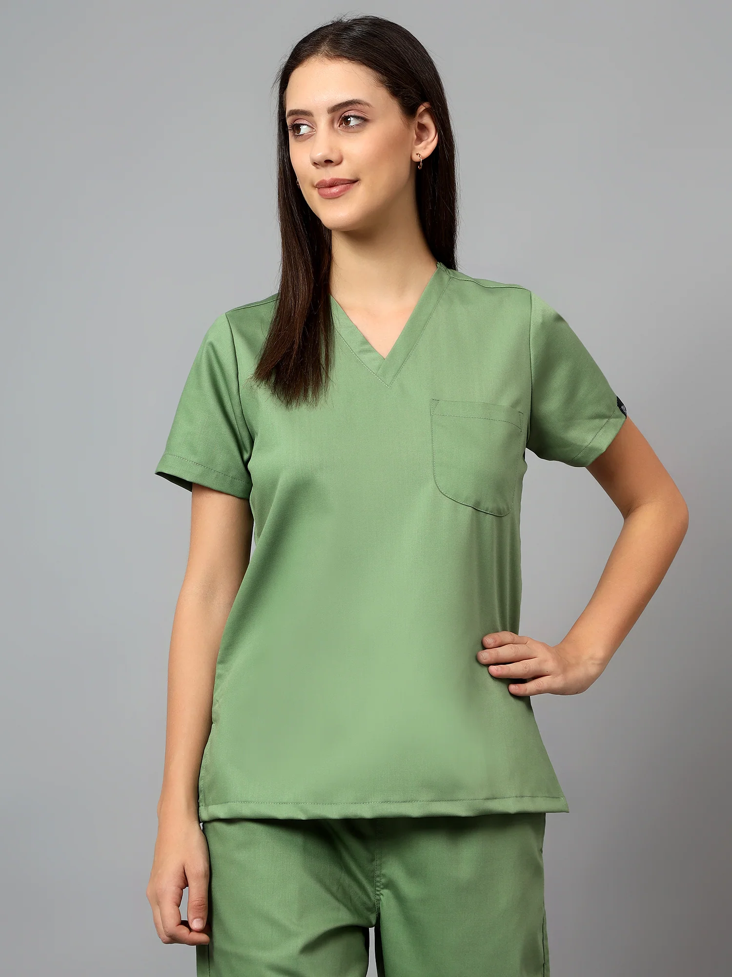 Stretchable (2Way) Women Pista Green V-Neck With Straight Pant Scrub Set - Image 3