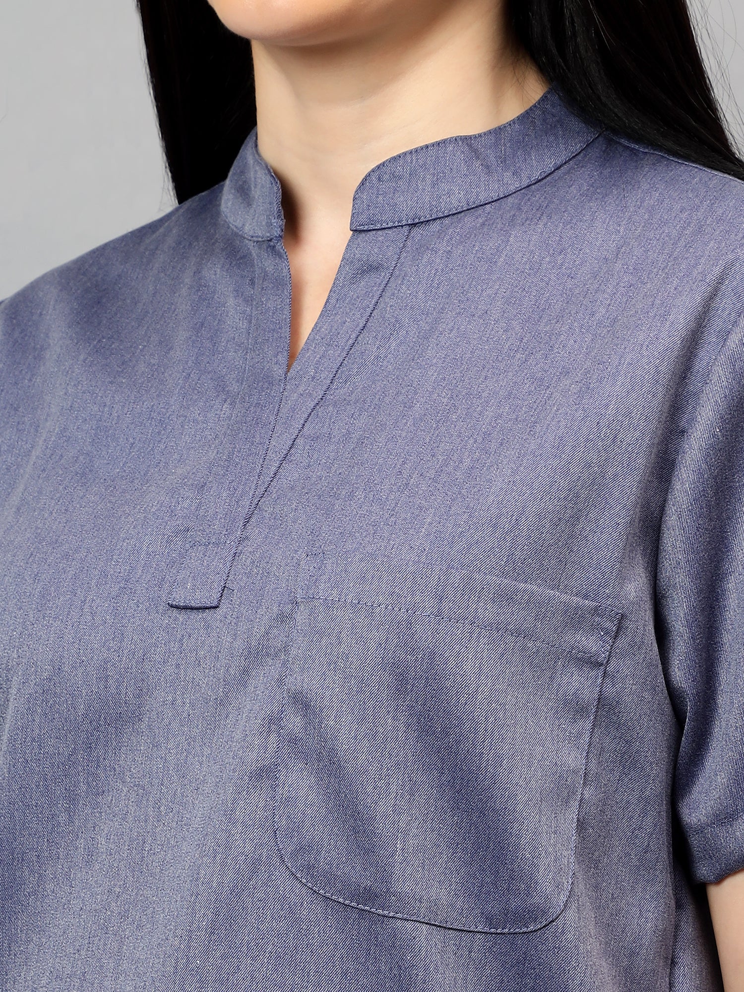 Stretchable (2Way) Women Denim Blue Texture Mandarin Neck With Jogger Scrub Set - Image 2