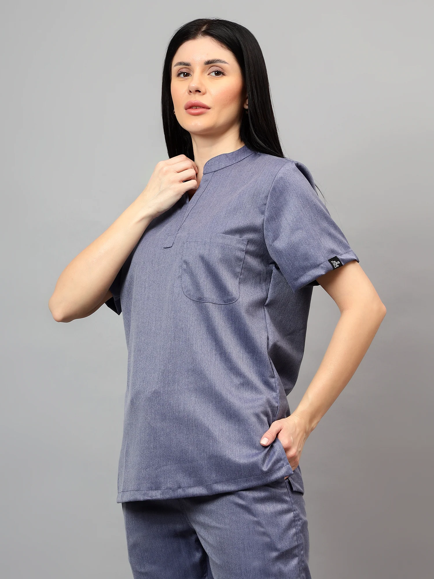 Stretchable (2Way) Women Denim Blue Texture Mandarin Neck With Jogger Scrub Set - Image 5