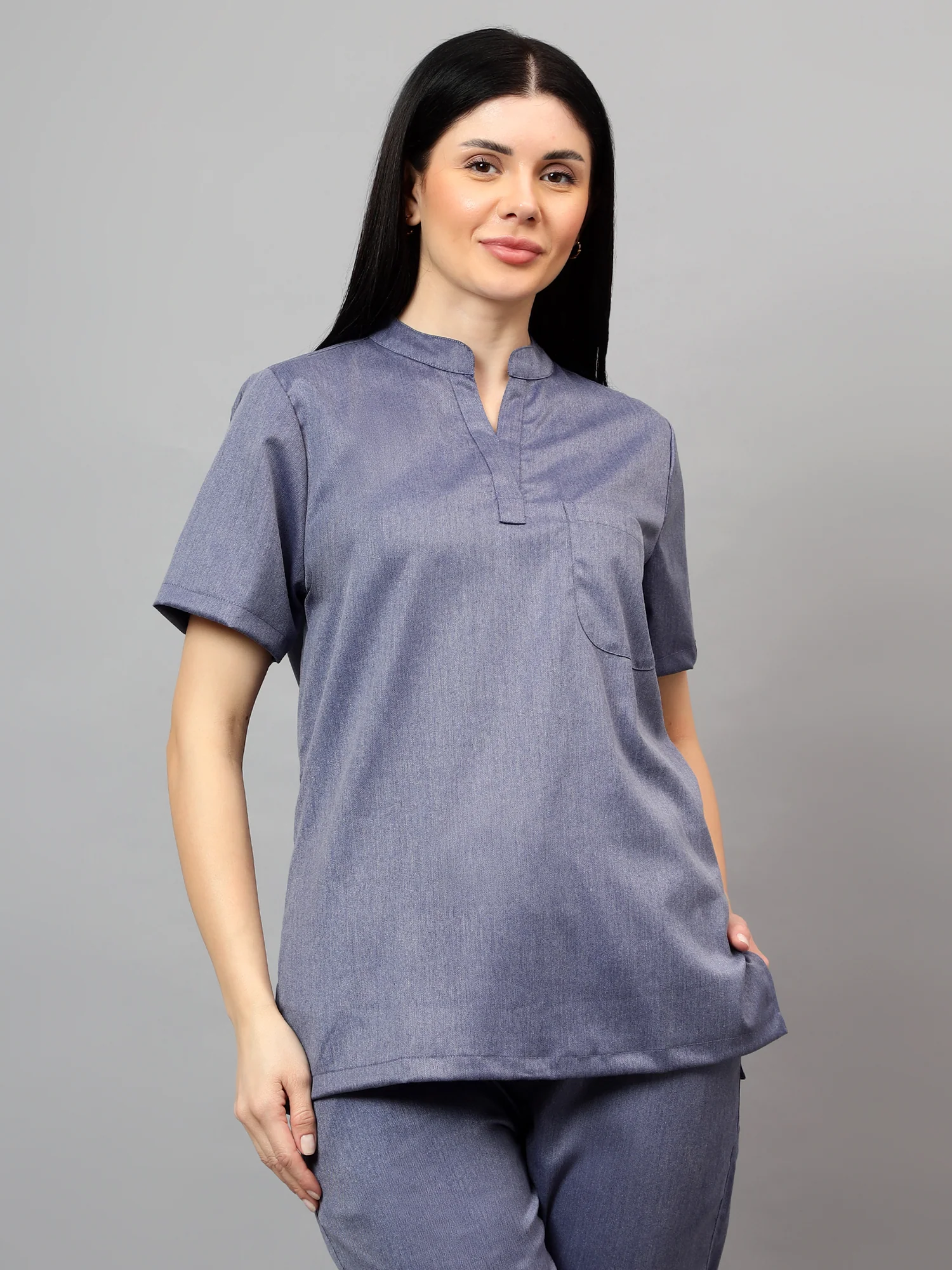 Stretchable (2Way) Women Denim Blue Texture Mandarin Neck With Jogger Scrub Set - Image 6