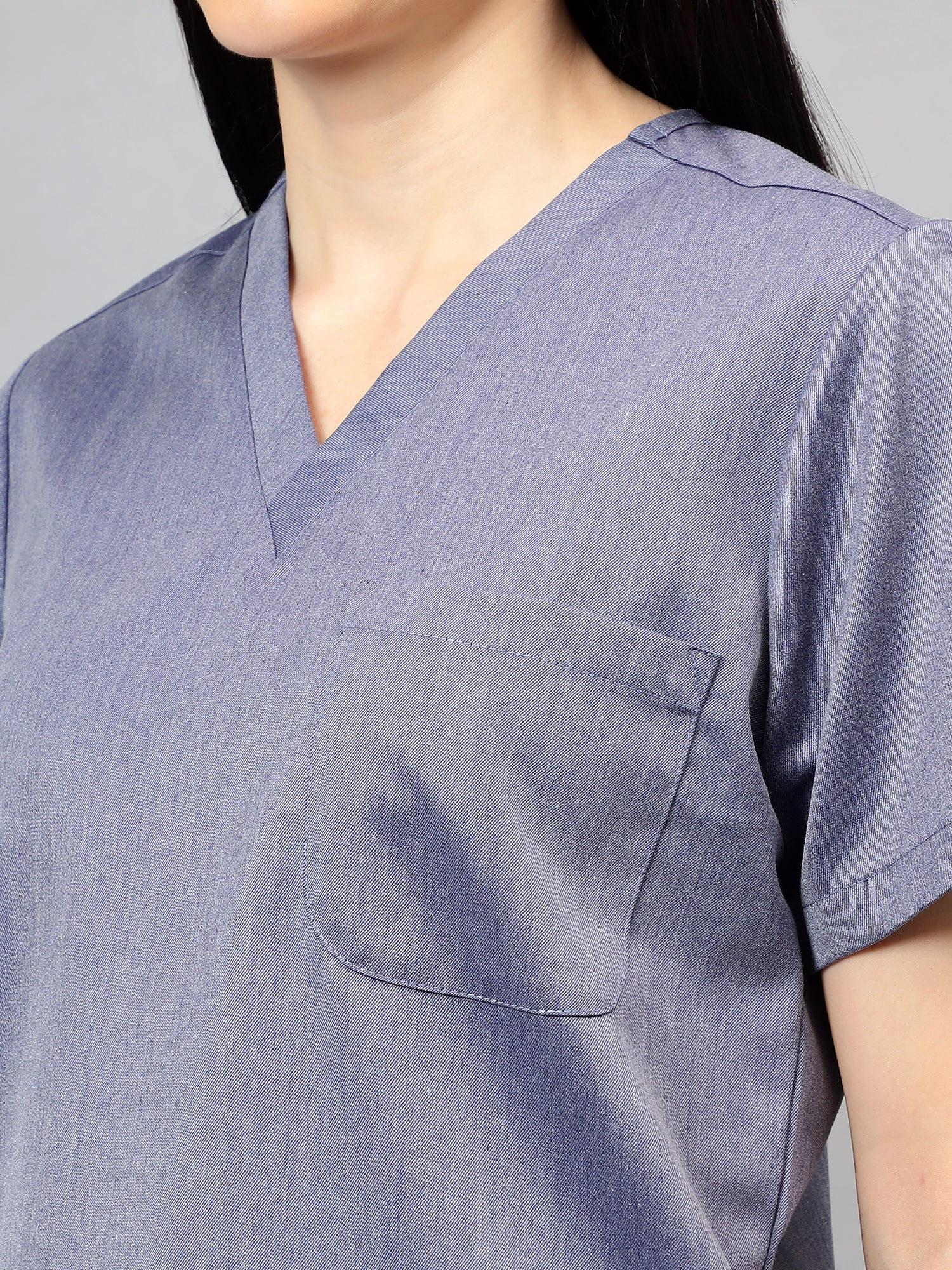 Stretchable (2Way) Women Denim Blue Texture V-Neck With Jogger Scrub Set - Image 2