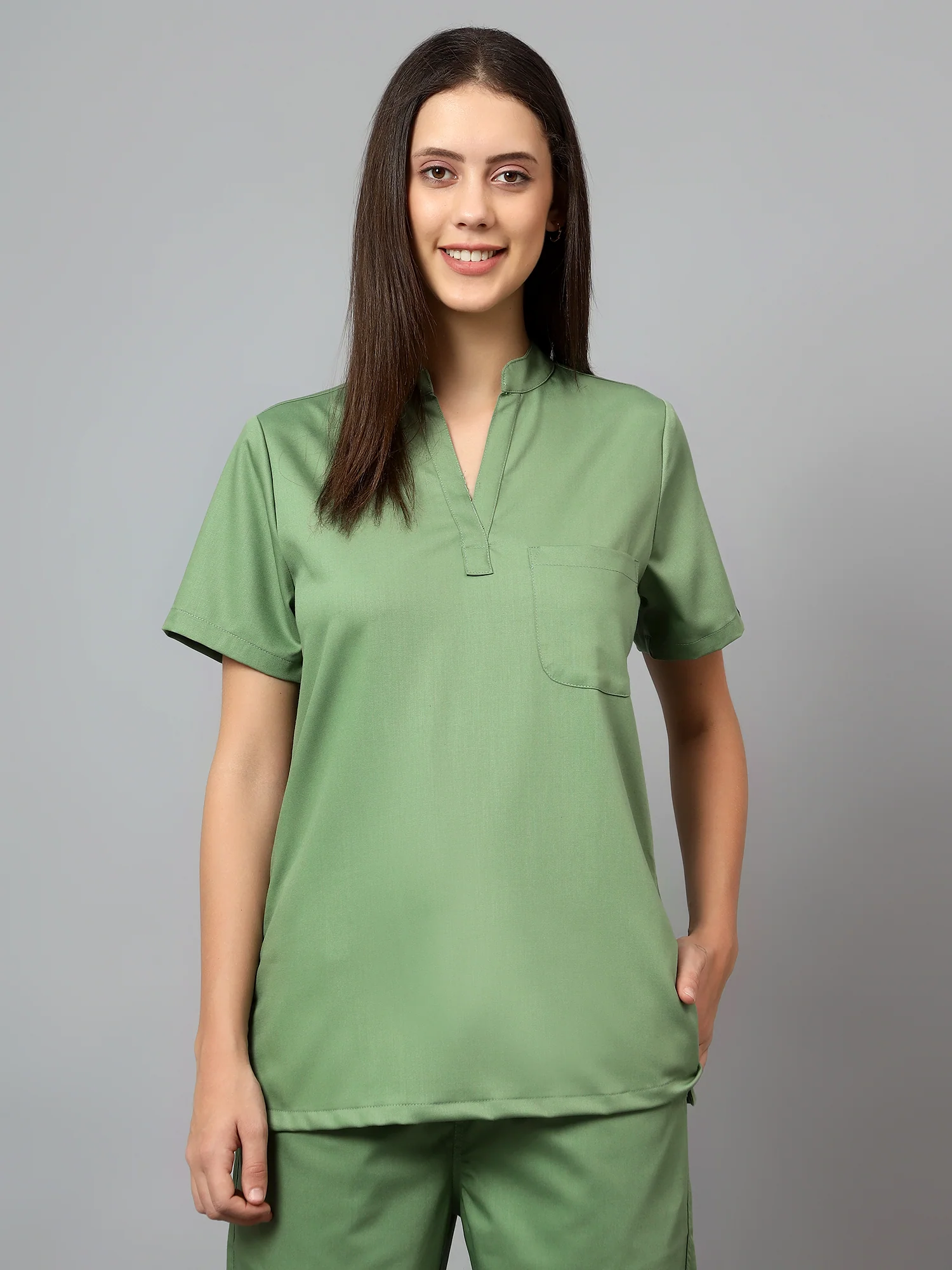 Stretchable (2Way) Women Pista Green Mandarin Neck With Jogger Scrub Set - Image 2