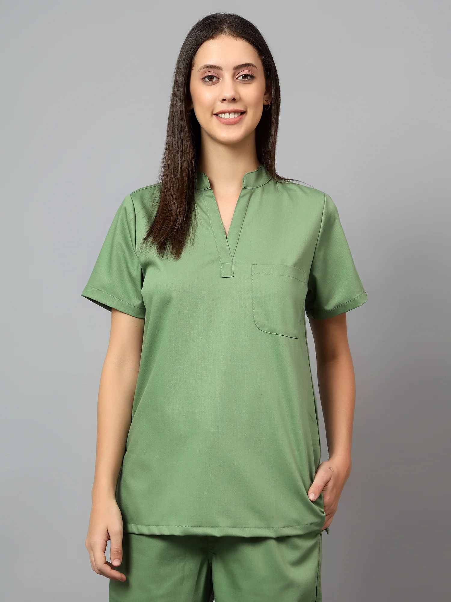 Stretchable (2Way) Women Pista Green Mandarin Neck With Straight Pant Scrub Set - Image 3