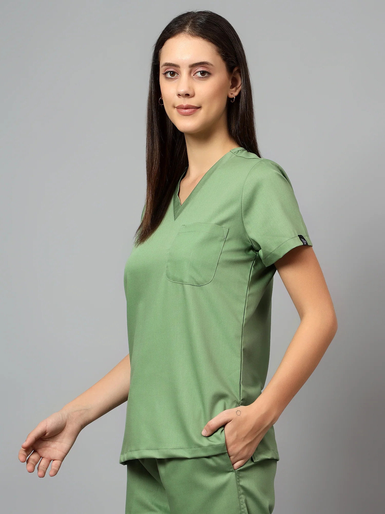Stretchable (2Way) Women Pista Green V-Neck Scrub Top - Image 2
