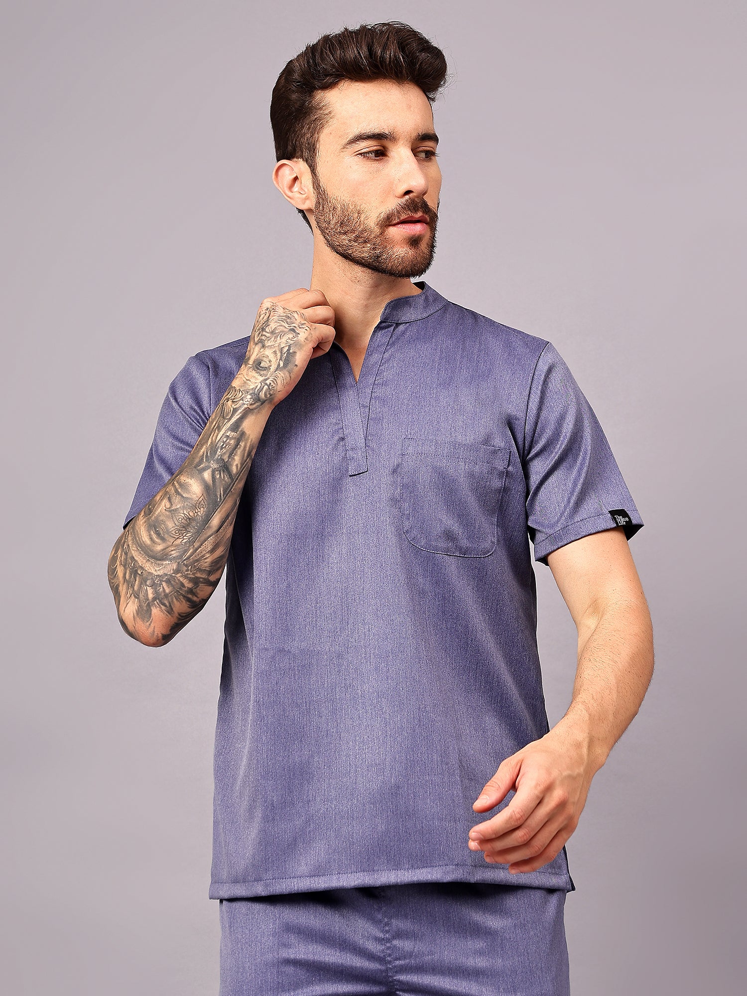 Stretchable (2Way) Men Denim Blue Texture Mandarin Neck With Jogger Scrub Set - Image 2