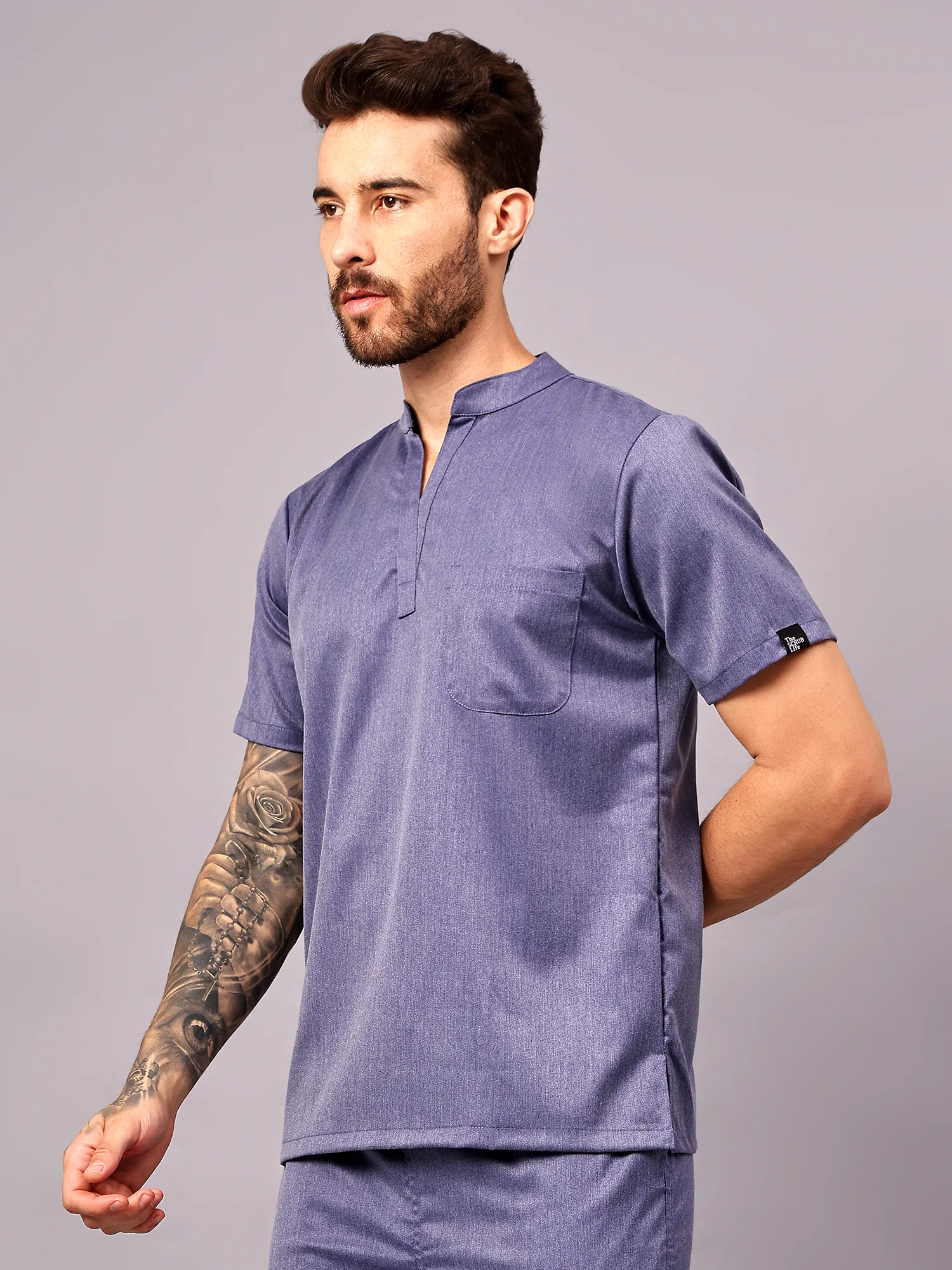 Stretchable (2Way) Men Denim Blue Texture Mandarin Neck With Jogger Scrub Set - Image 3