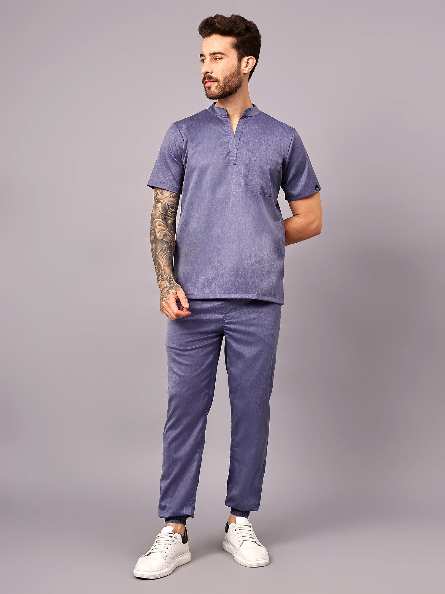 Stretchable (2Way) Men Denim Blue Texture Mandarin Neck With Jogger Scrub Set - Image 4