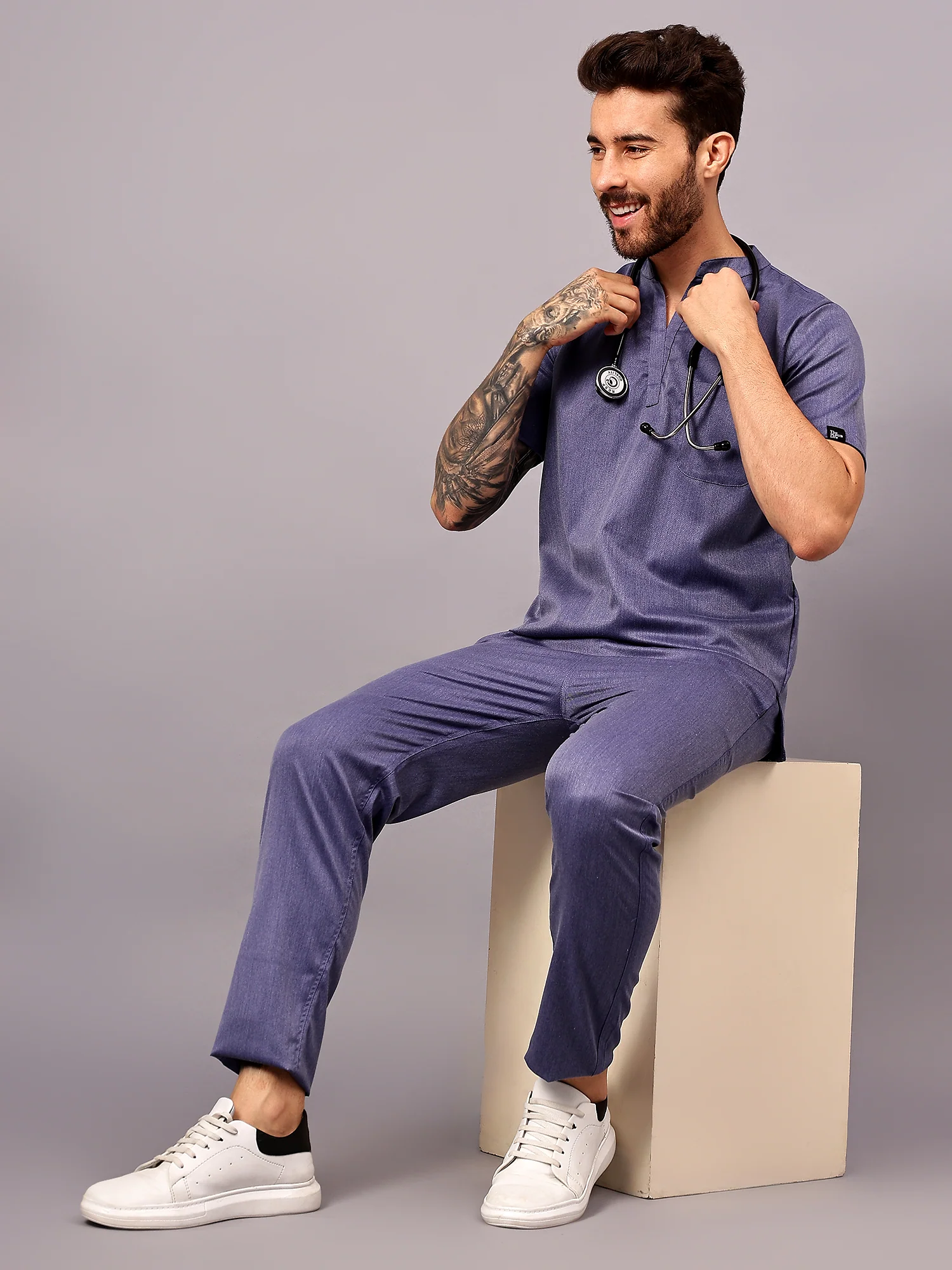Stretchable (2Way) Men Denim Blue Texture Mandarin Neck With Straight Pant Scrub Set