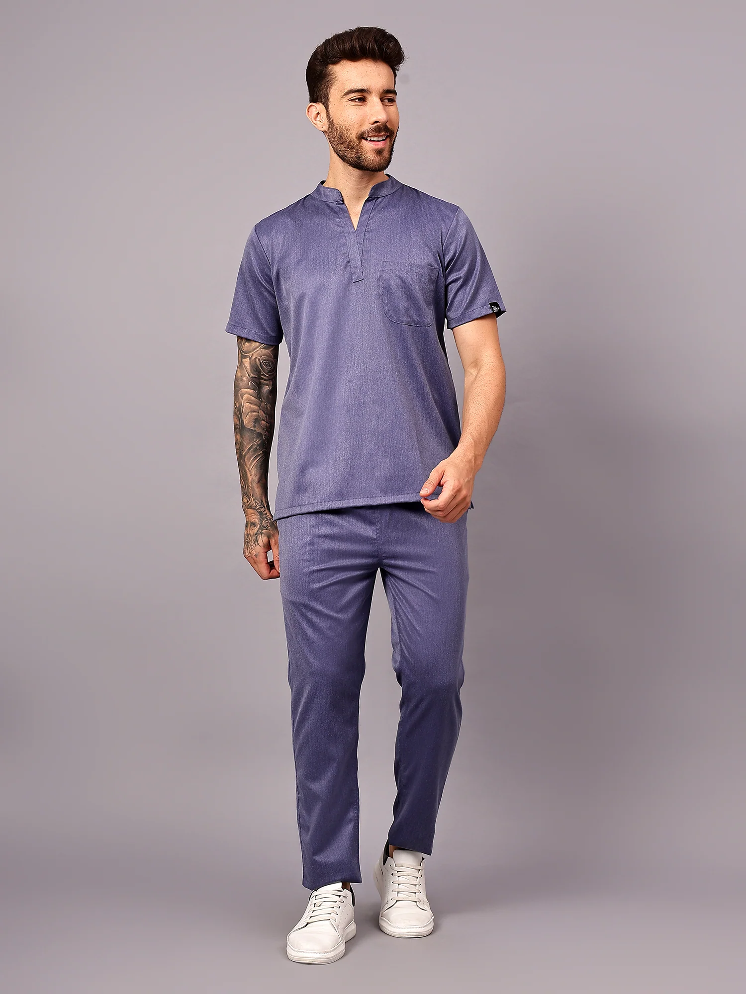 Stretchable (2Way) Men Denim Blue Texture Mandarin Neck With Straight Pant Scrub Set - Image 3