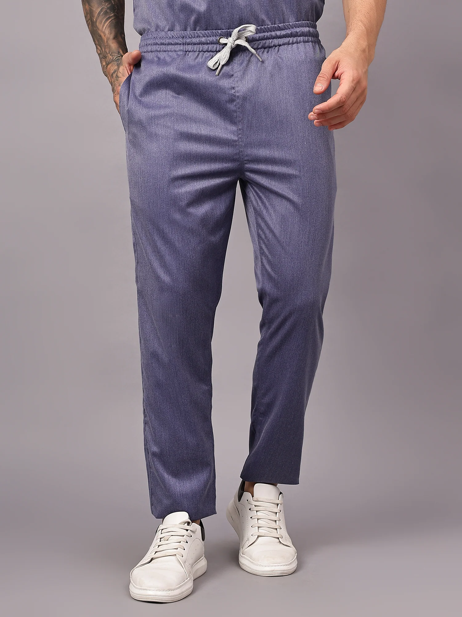 Stretchable (2Way) Men Denim Blue Texture Mandarin Neck With Straight Pant Scrub Set - Image 4