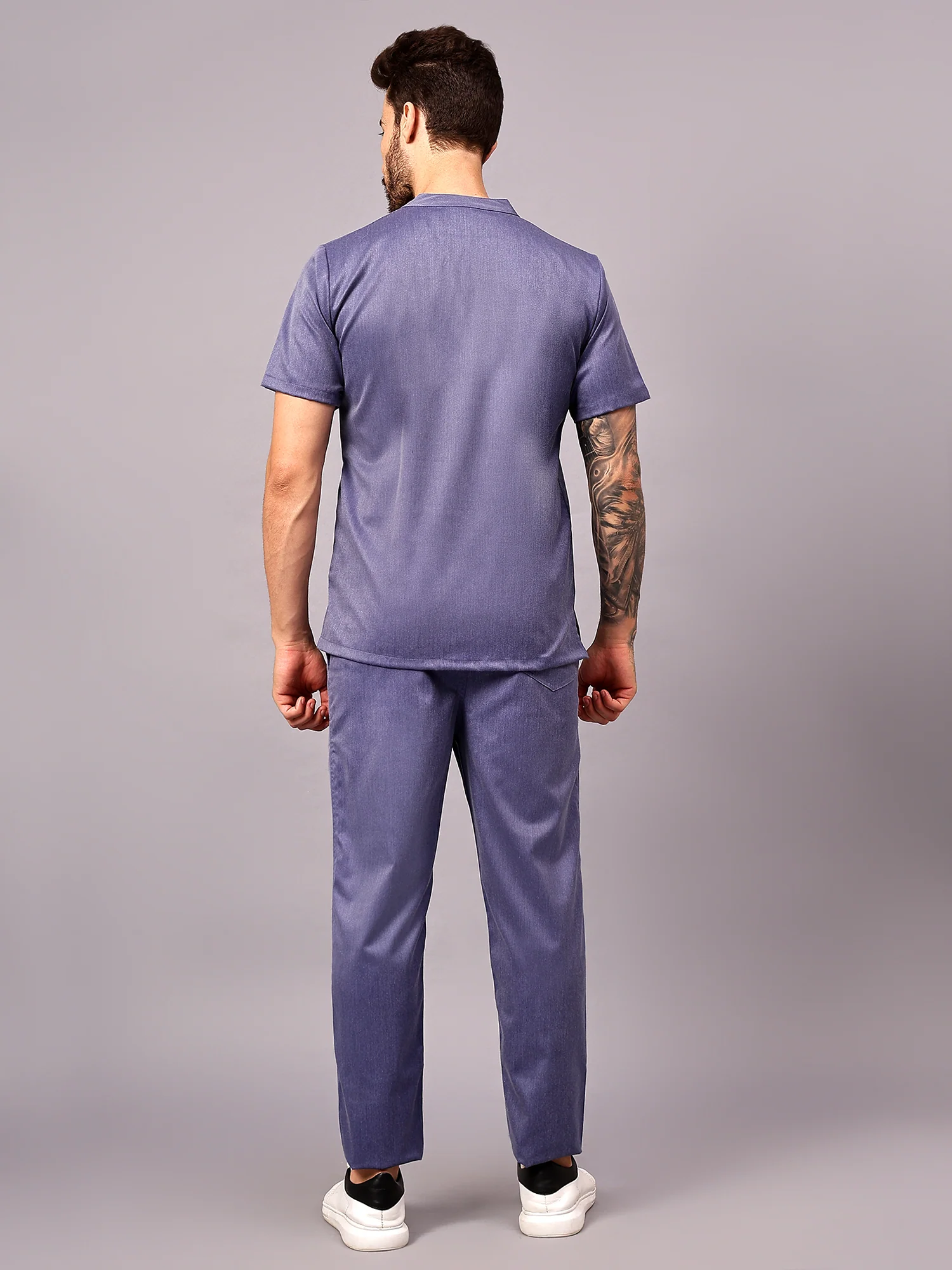 Stretchable (2Way) Men Denim Blue Texture Mandarin Neck With Straight Pant Scrub Set - Image 6