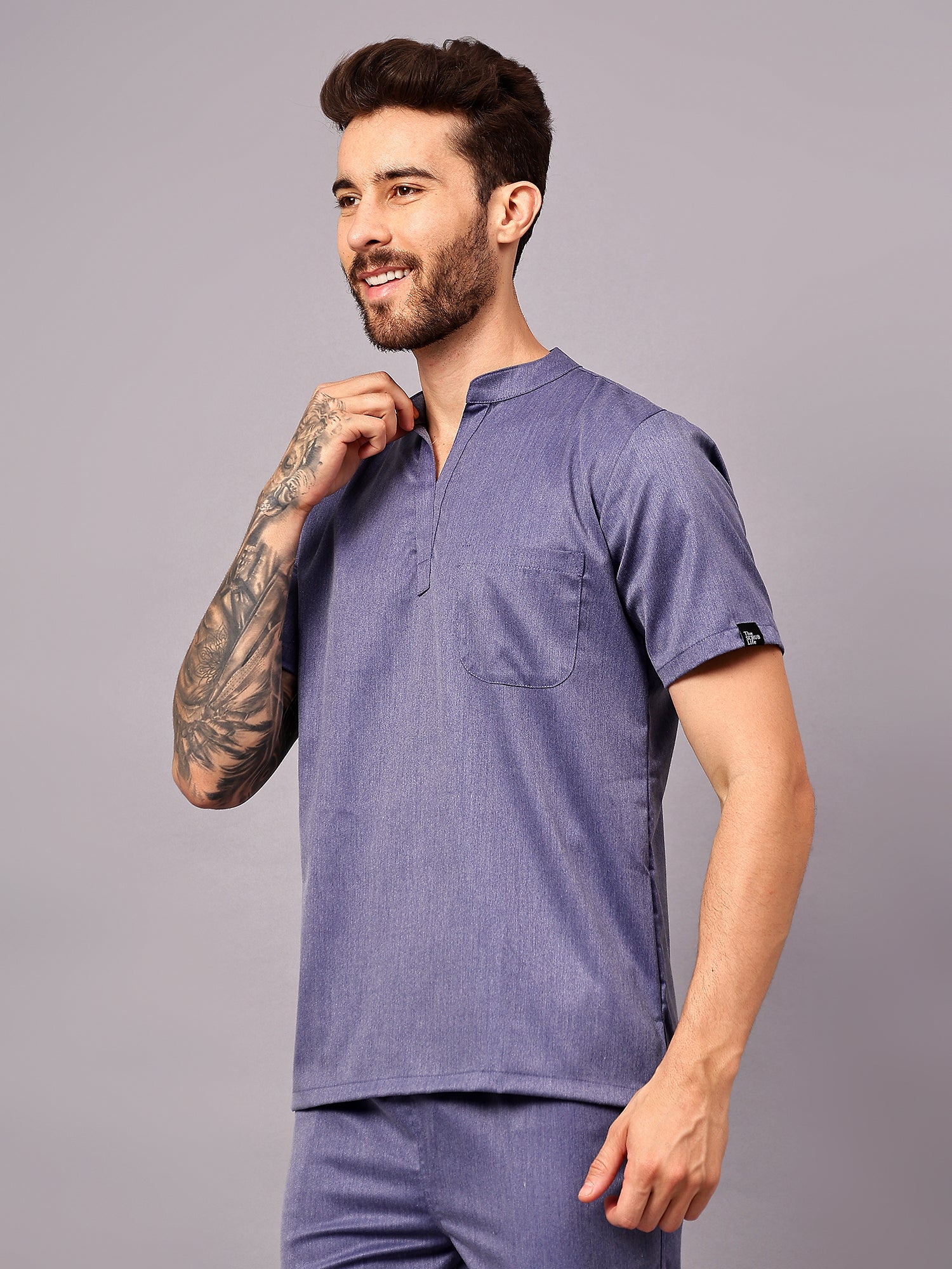Stretchable (2Way) Men Denim Blue Texture Mandarin Neck With Straight Pant Scrub Set - Image 8