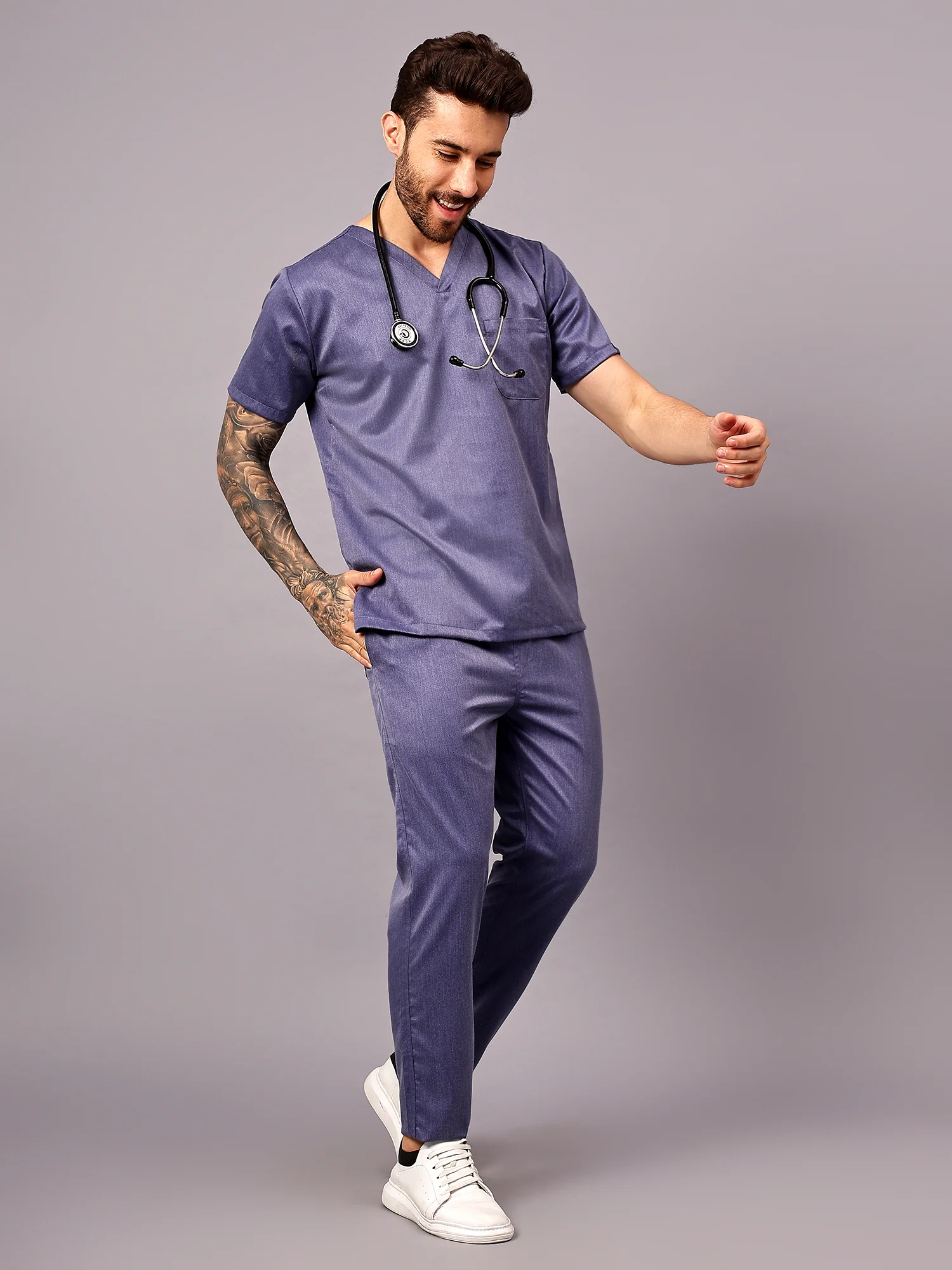 Stretchable (2Way) Men Denim Blue Texture V-Neck With Straight Pant Scrub Set
