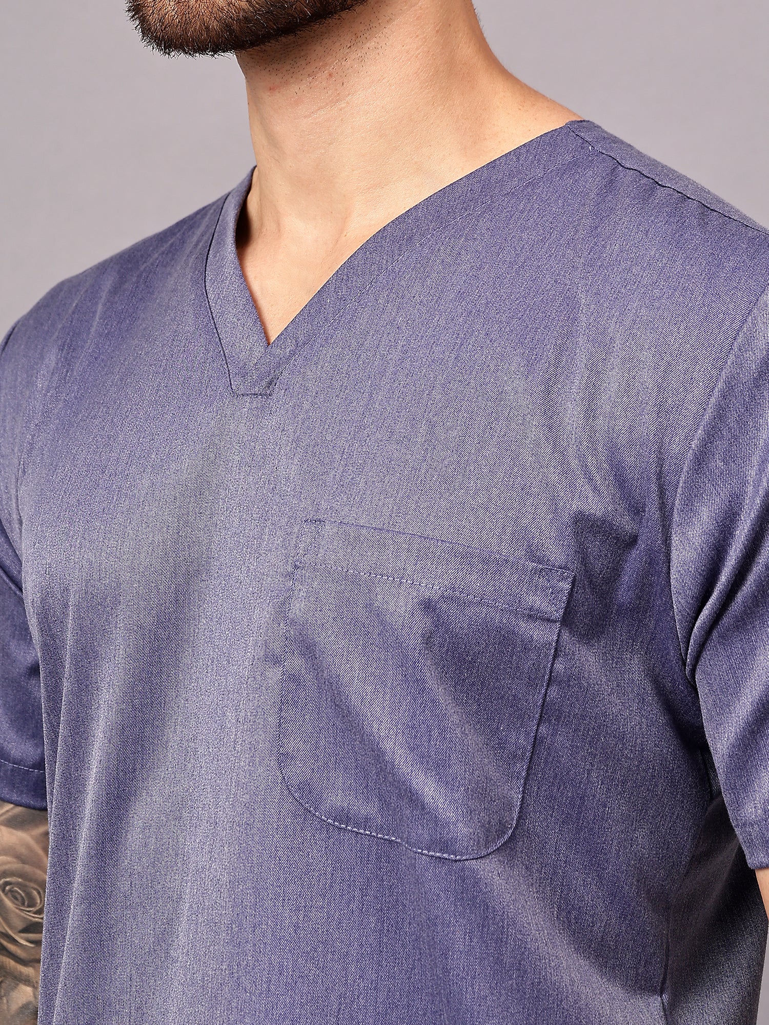 Stretchable (2Way) Men Denim Blue Texture V-Neck With Straight Pant Scrub Set - Image 2