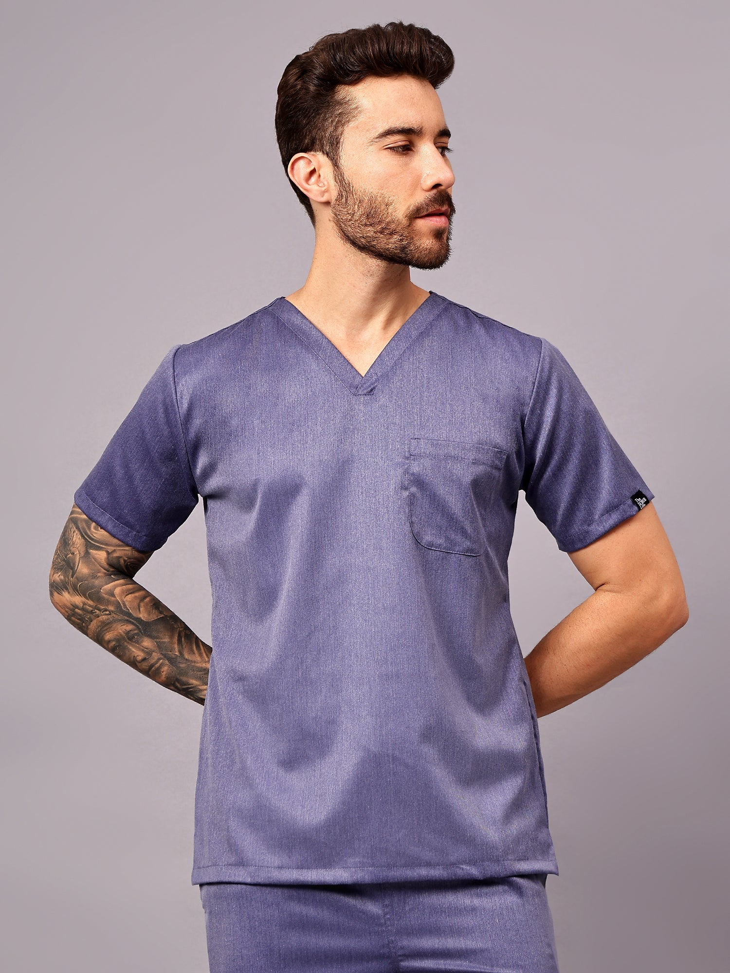Stretchable (2Way) Men Denim Blue Texture V-Neck With Straight Pant Scrub Set - Image 4