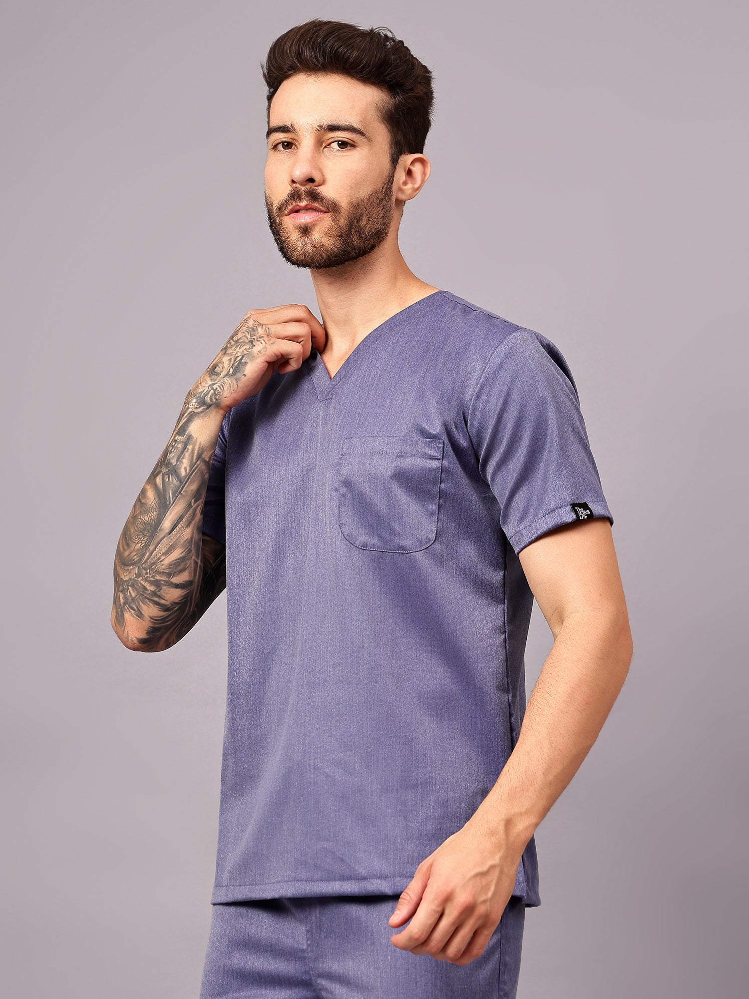 Stretchable (2Way) Men Denim Blue Texture V-Neck With Straight Pant Scrub Set - Image 5