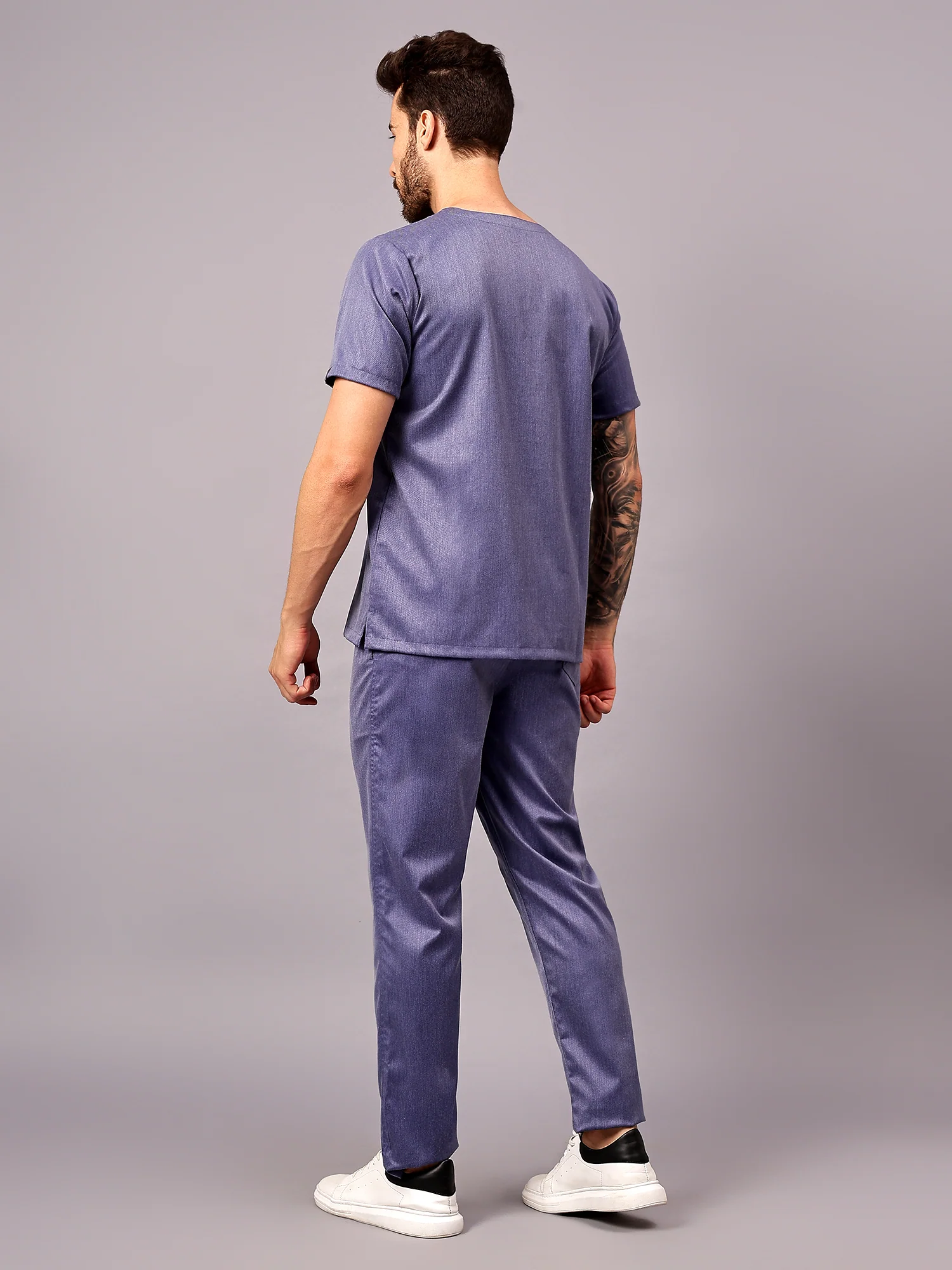 Stretchable (2Way) Men Denim Blue Texture V-Neck With Straight Pant Scrub Set - Image 6