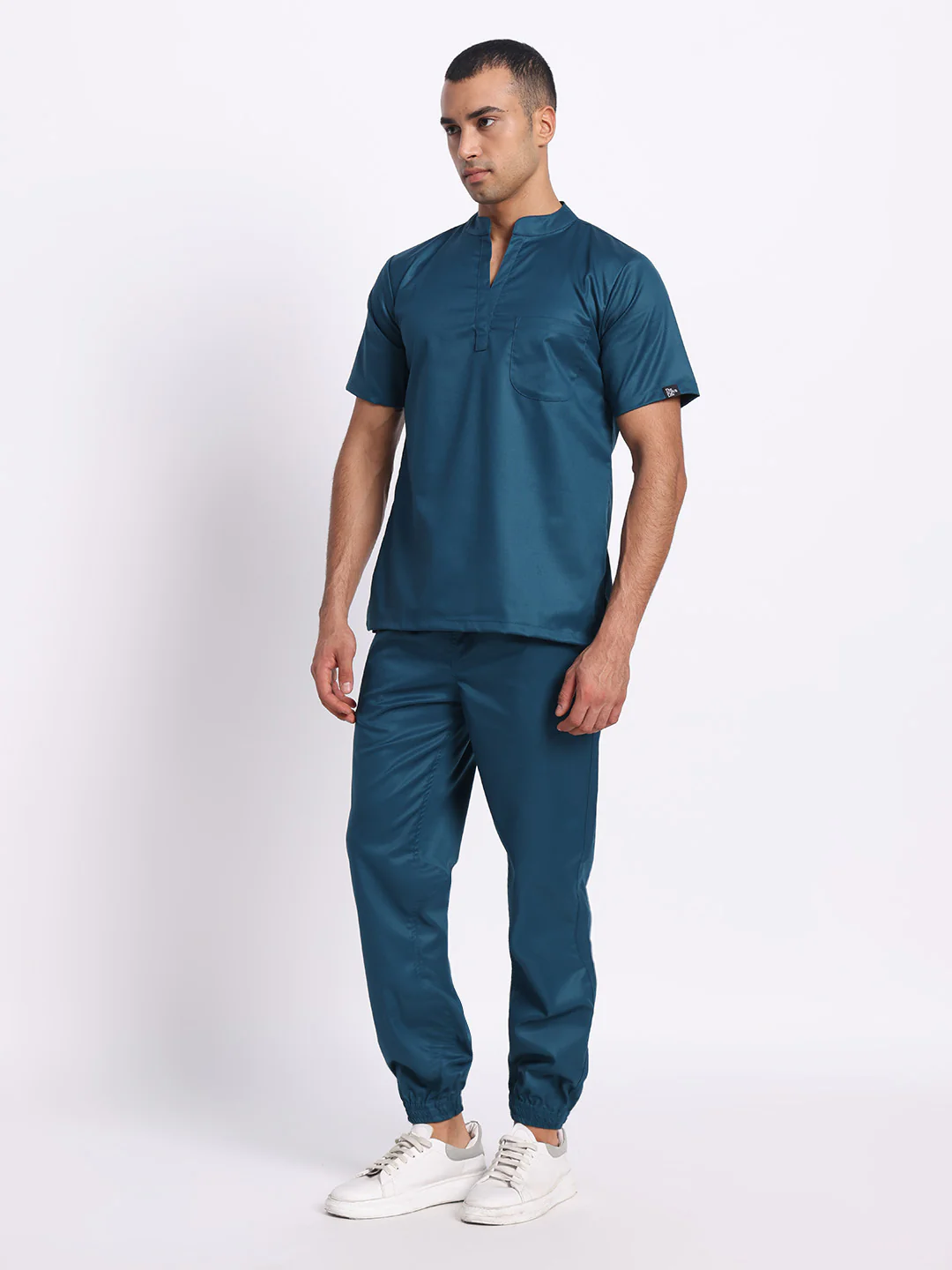 Stretchable (2Way) Men Forest Green Mandarin Neck With Jogger Scrub Set - Image 3
