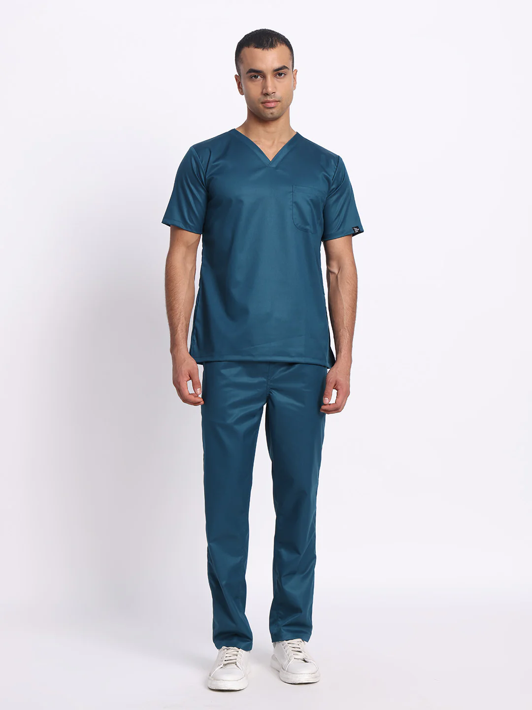 Stretchable (2Way) Men Forest Green V-Neck With Straight Pant Scrub Set - Image 4