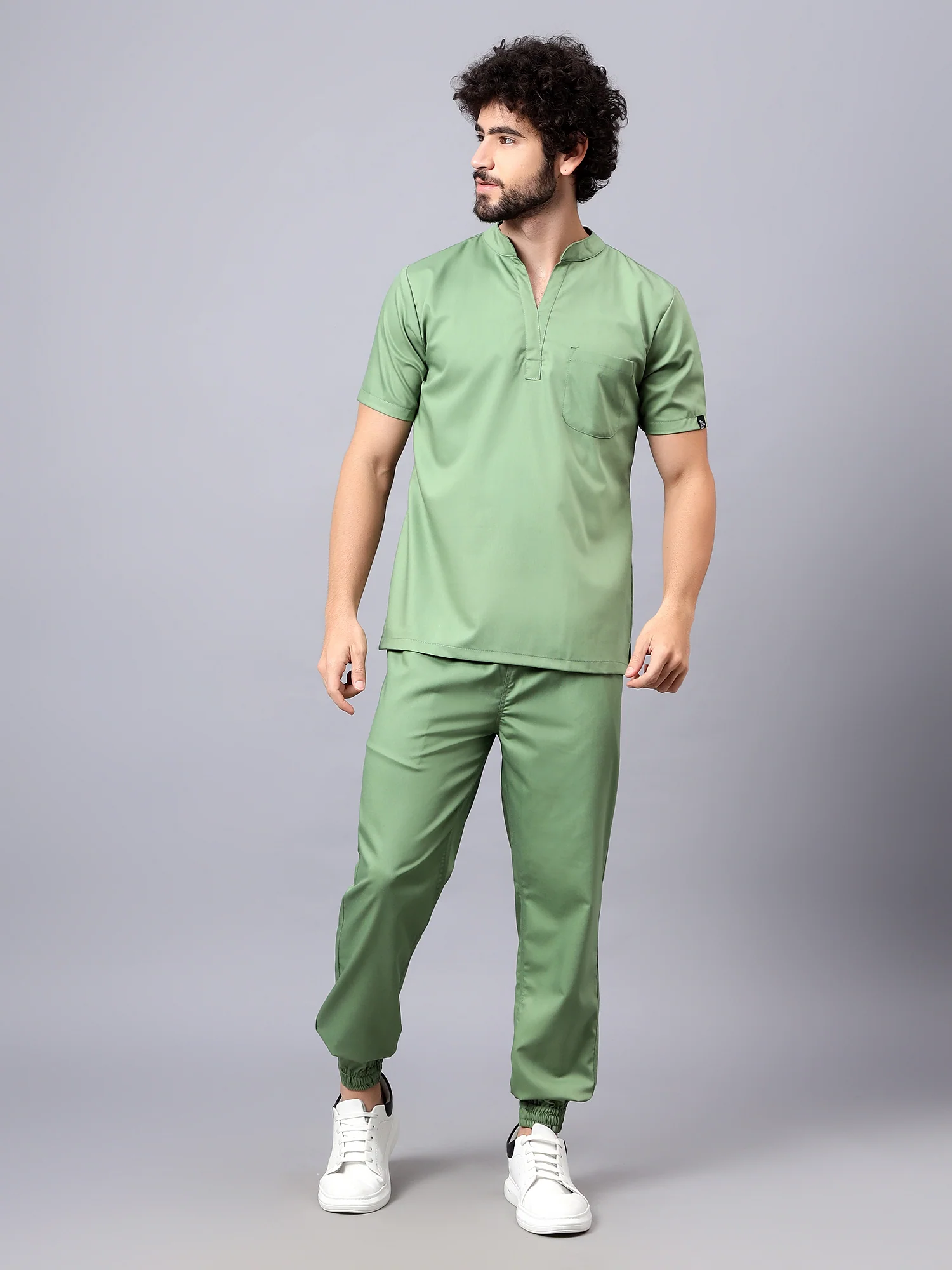 Stretchable (2Way) Men Pista Green Mandarin Neck With Jogger Scrub Set