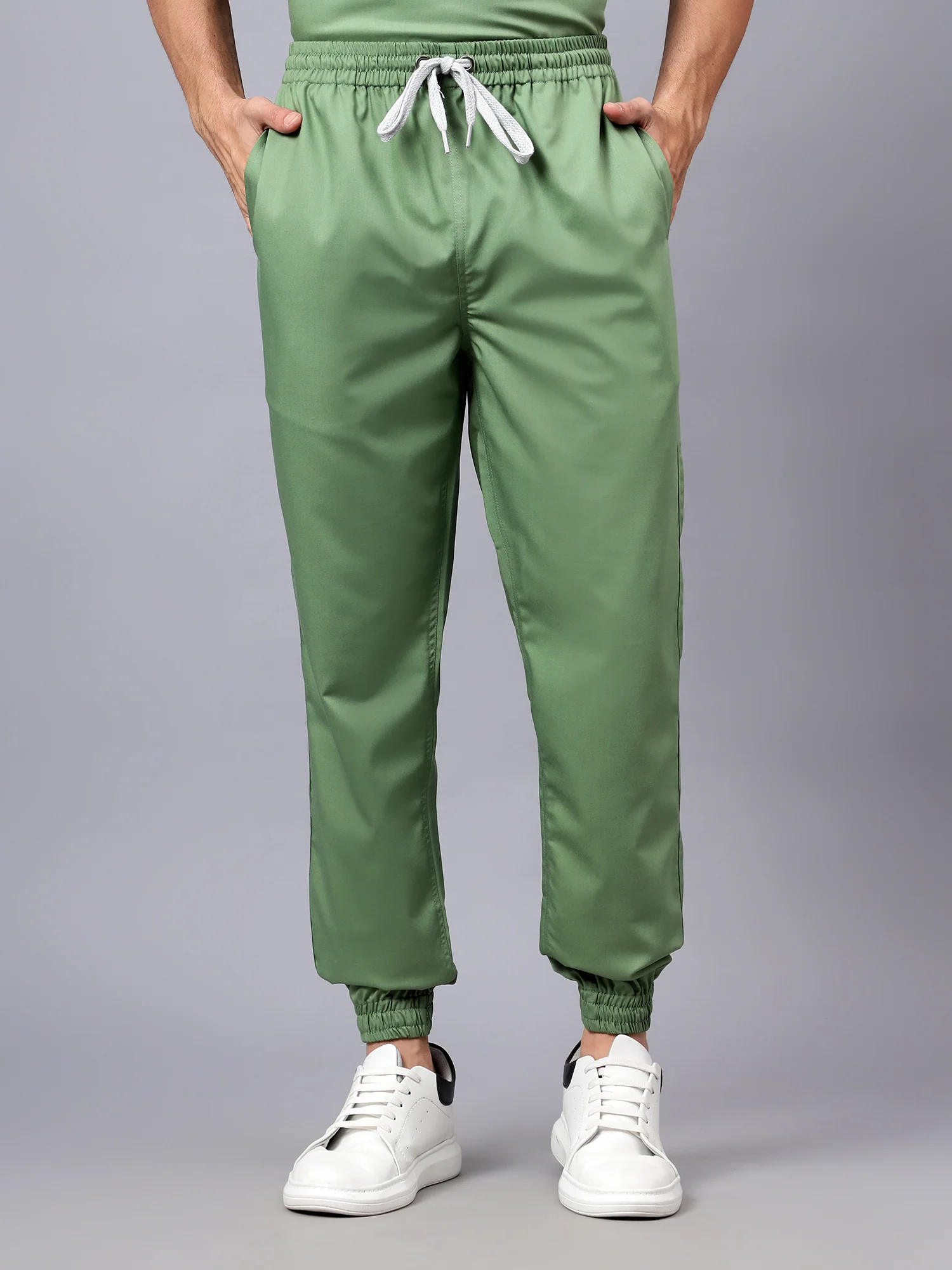 Stretchable (2Way) Men Pista Green Mandarin Neck With Jogger Scrub Set - Image 2