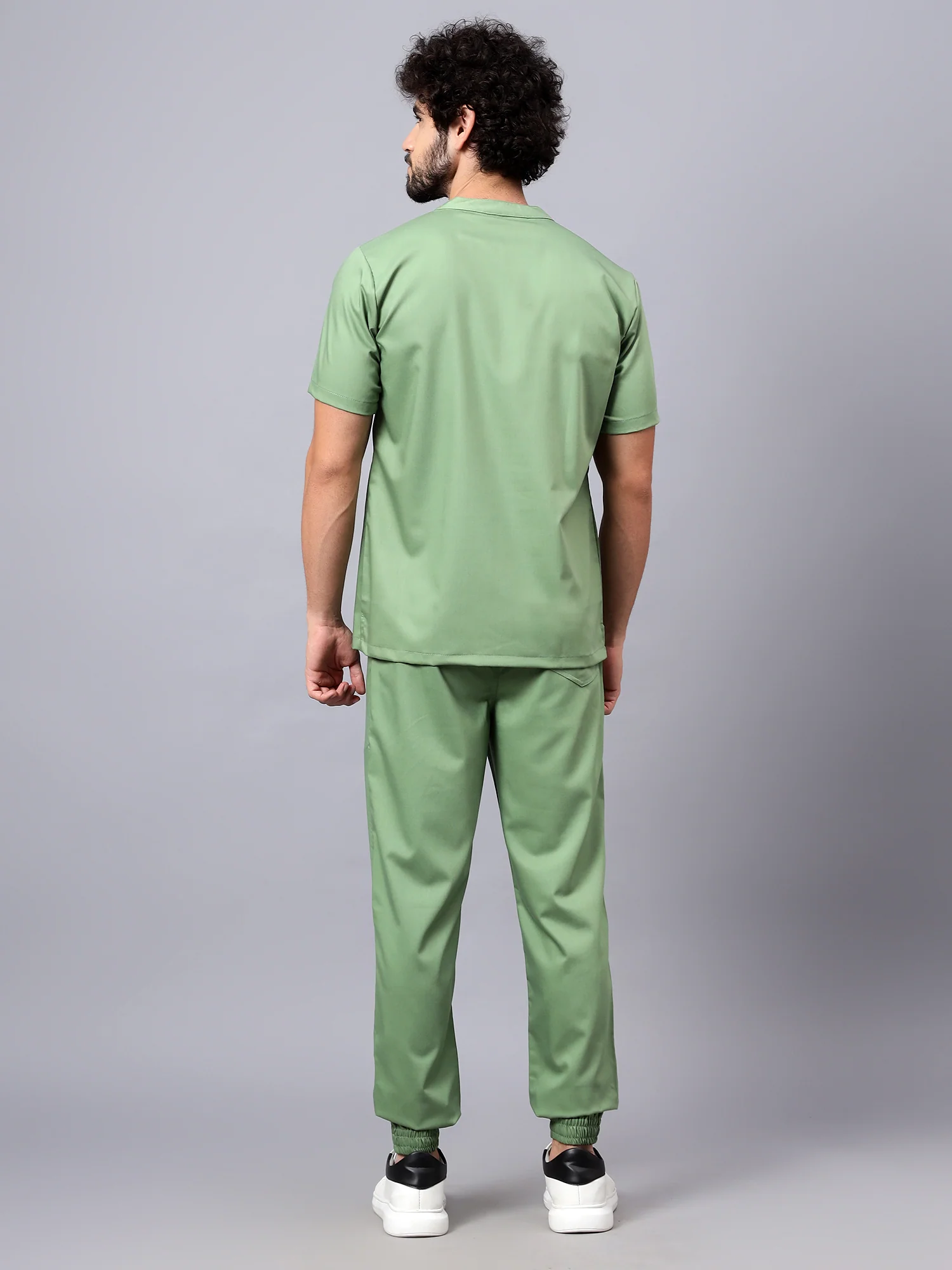 Stretchable (2Way) Men Pista Green Mandarin Neck With Jogger Scrub Set - Image 3