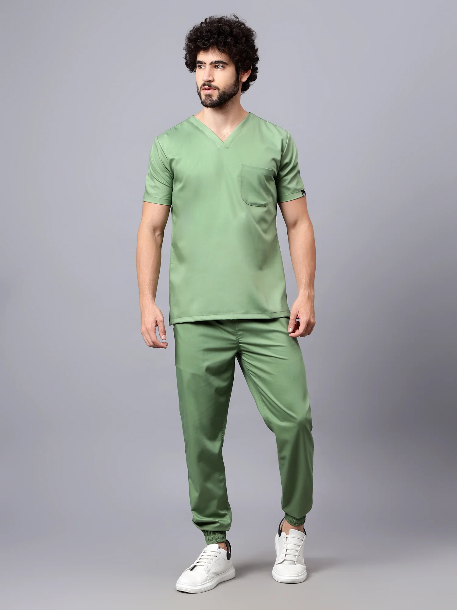 Stretchable (2Way) Men Pista Green V-Neck With Jogger Scrub Set