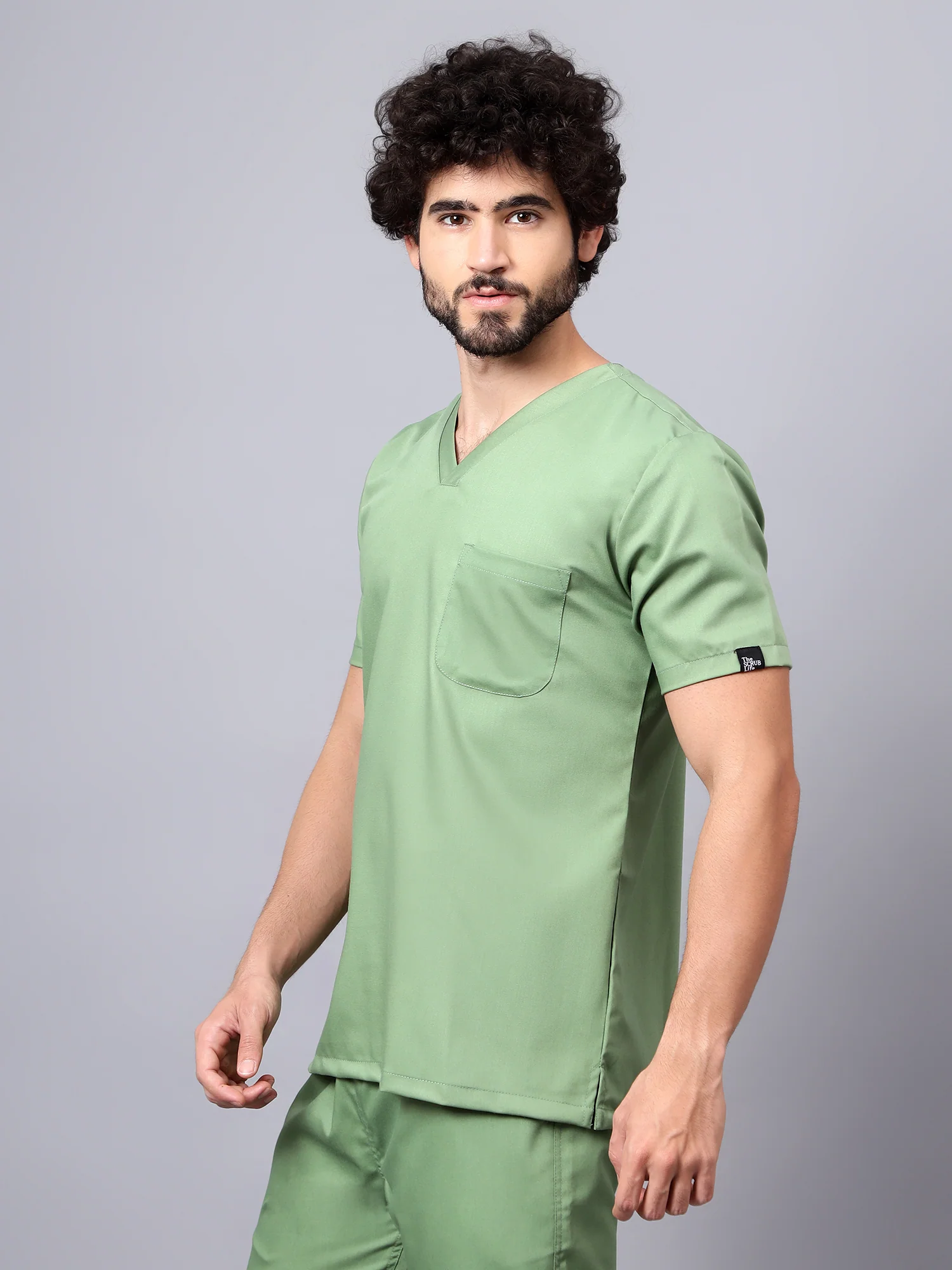 Stretchable (2Way) Men Pista Green V-Neck With Jogger Scrub Set - Image 3