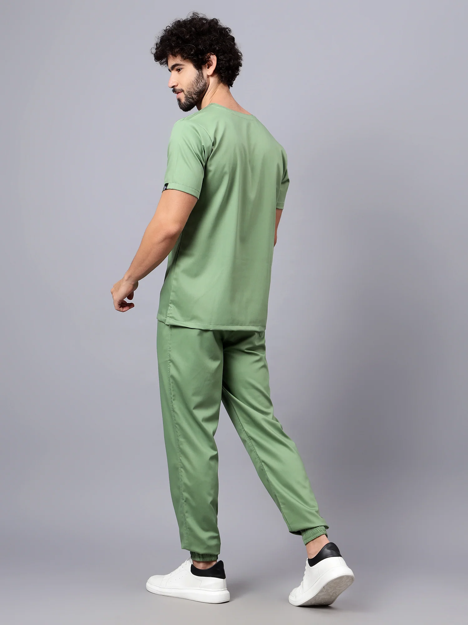 Stretchable (2Way) Men Pista Green V-Neck With Jogger Scrub Set - Image 5