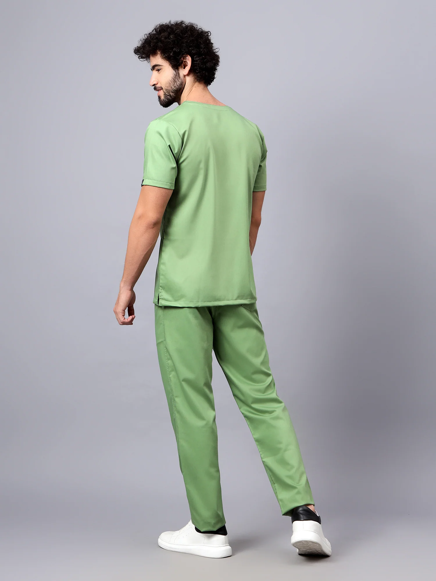 Stretchable (2Way) Men Pista Green V-Neck With Straight Pant Scrub Set - Image 3