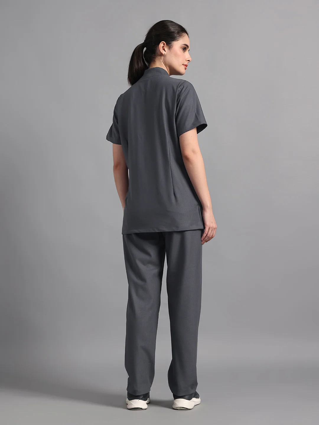 Stretchable (4Way) Charcoal Grey Women Flex Zip Neckline Top With Straight Pants - Image 3