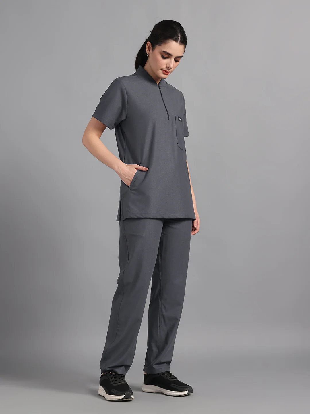 Stretchable (4Way) Charcoal Grey Women Flex Zip Neckline Top With Straight Pants - Image 4