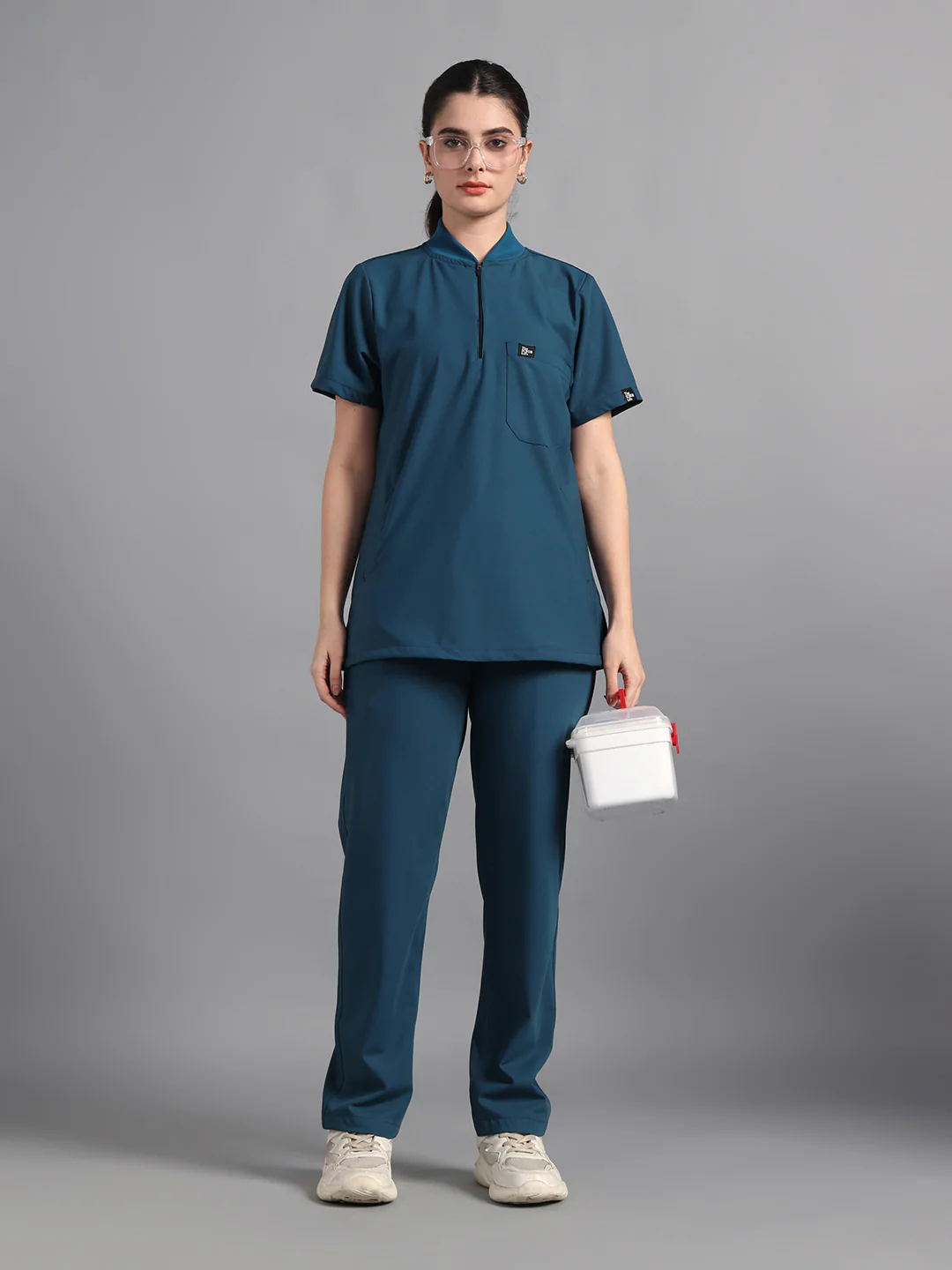 Stretchable (4Way) Peacock Blue Women Flex Zip Neckline Top With Straight Pants