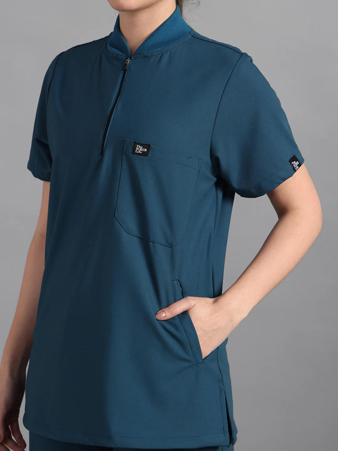 Stretchable (4Way) Peacock Blue Women Flex Zip Neckline Top With Straight Pants - Image 2