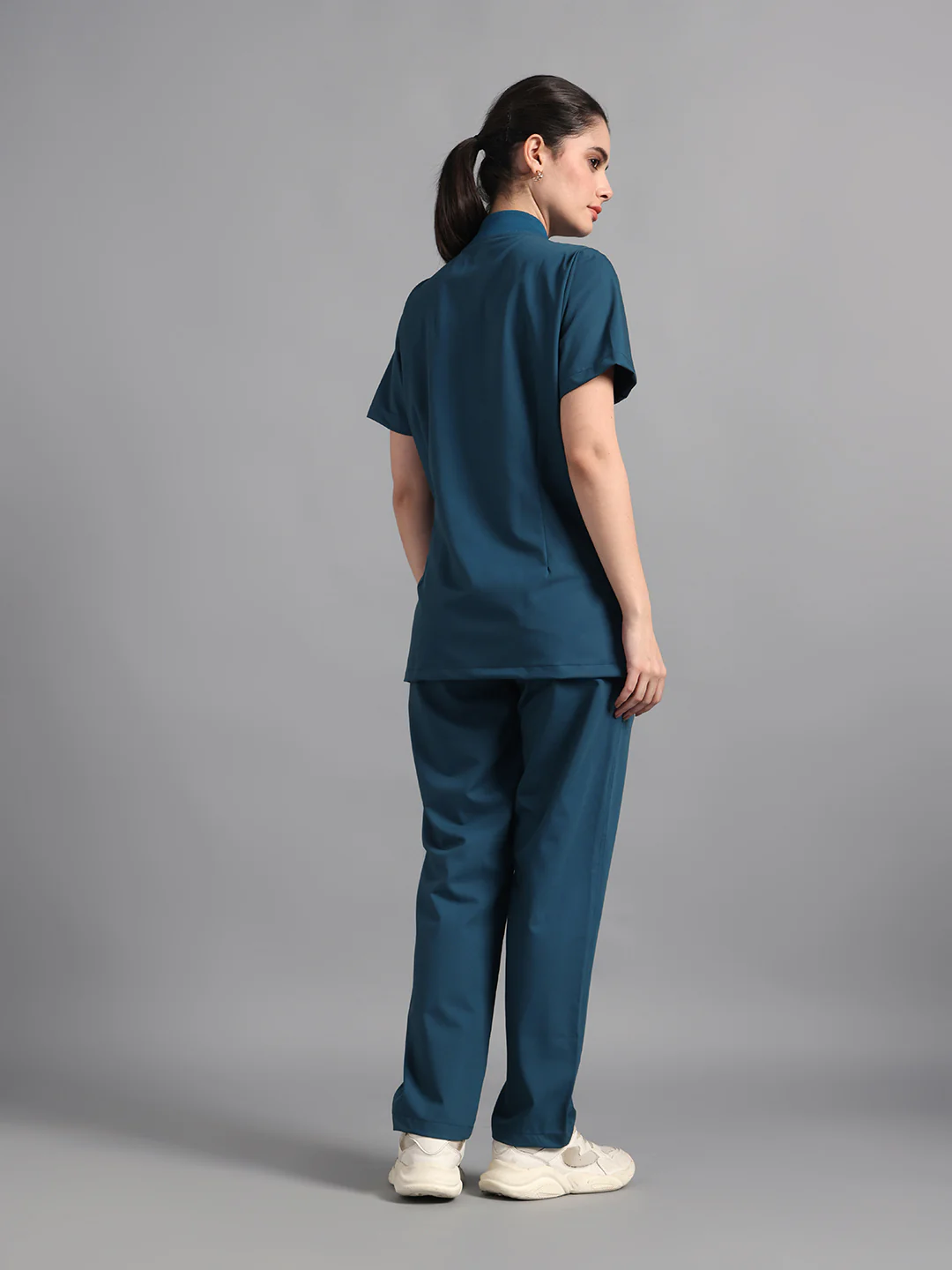 Stretchable (4Way) Peacock Blue Women Flex Zip Neckline Top With Straight Pants - Image 3