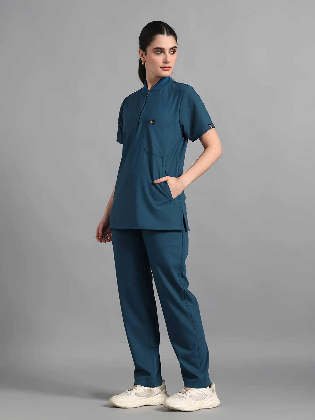 Stretchable (4Way) Peacock Blue Women Flex Zip Neckline Top With Straight Pants - Image 4